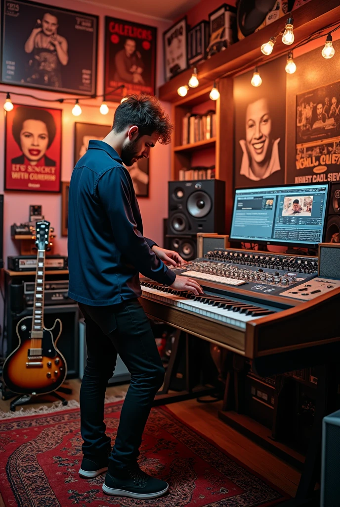 A music studio with a man with short hair 