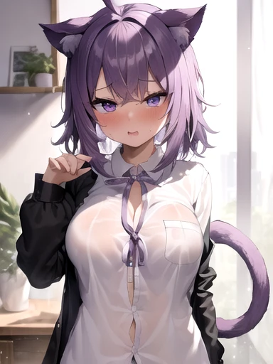(((masterpiece,best quality,absurdres,8K))) , ((okayucasual, dress shirt, purple ribbon, naked shirt, open cardigan, cat tail, ahoge)),((front, looking at viewer,embarrassed,blush:2.0,steam:1.1,wet:0.8,trembling:0.8,tears:0.7,sweat:0.8))