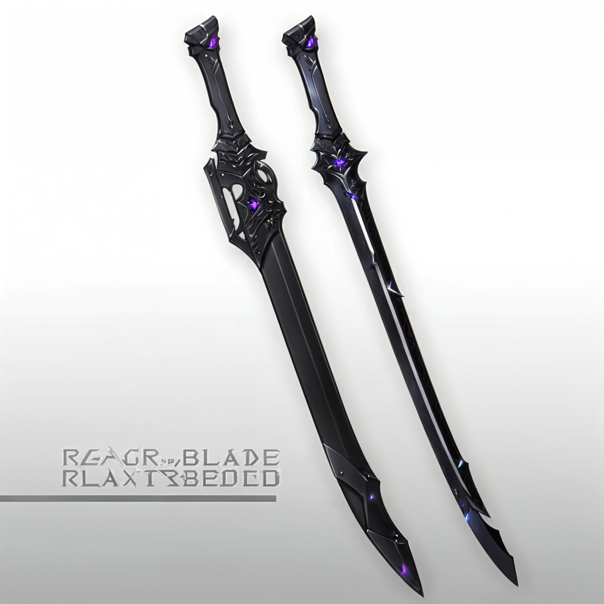 um close-up de duas elswords com detalhes roxos e pretos, style of ghost blade, war blade weapon, elsword, blade design, raytraced blade, holographic blade!, blades, blade, elsword de ficção científica, polearm elsword, the reaper, elsword larga, weapon design, fantasy blade, armored sword blade, desenho de elsword, bela elsword