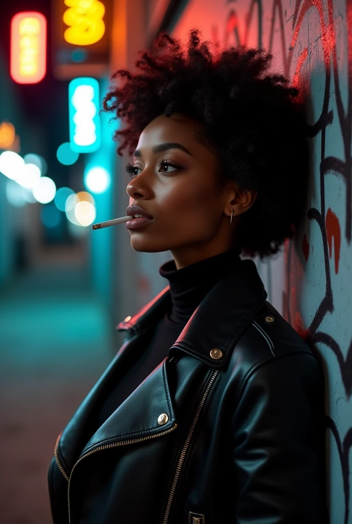 black girl, light skin, 20 years old, wearing a black turtleneck and leather jacket, smoking a cigarette.