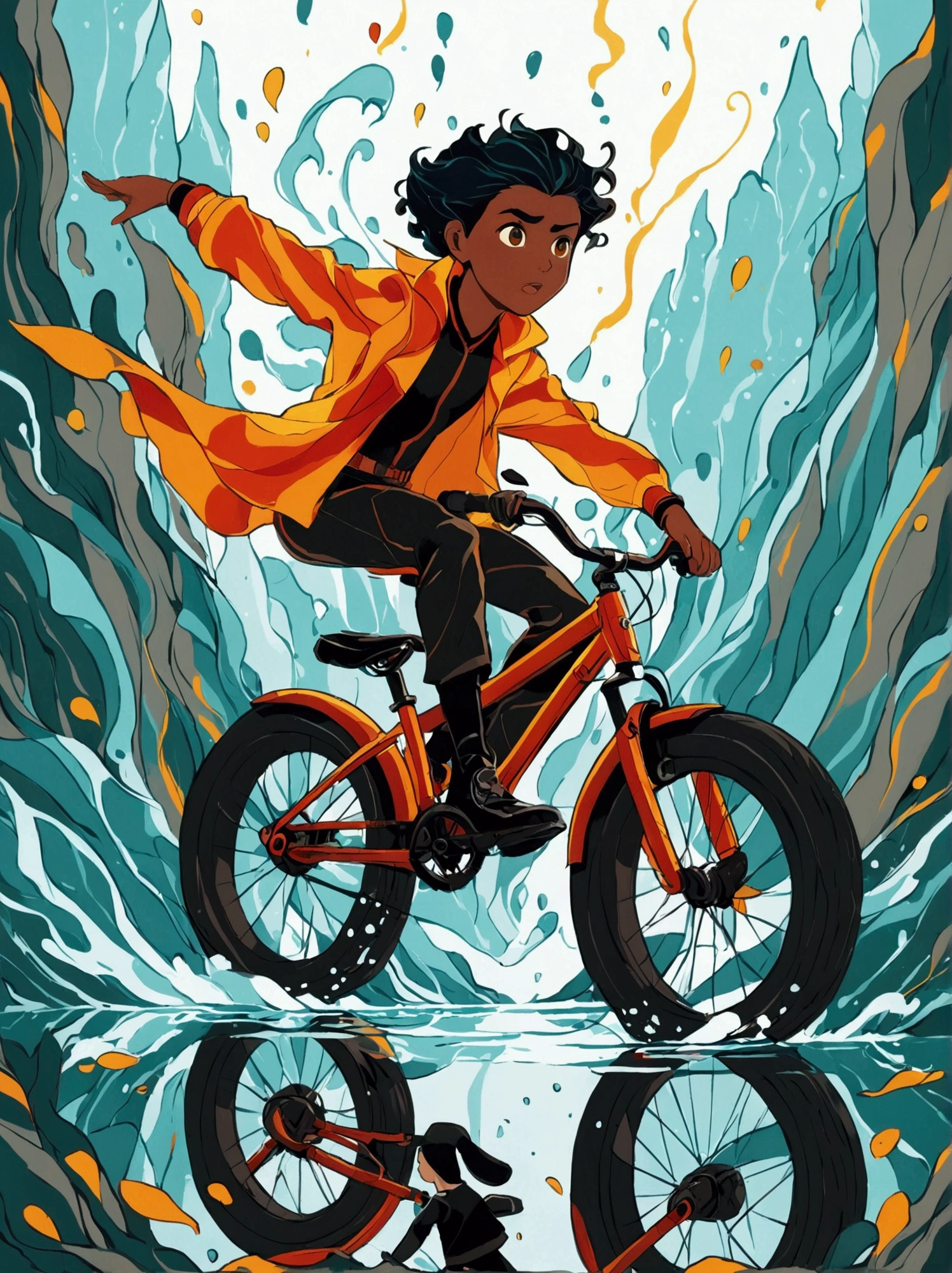 ([negative space:0.8:1.5]), Illustrate a daring and fearless individual performing a stunt where they are riding a bicycle on the surface of a calm lake. The rider, of ambiguous gender and Black descent, displays a strong and focused expression testifying their determination. In the midst of unfathomable adventure sports, the individual is portrayed mid-action, showcasing extreme sportsmanship. The scene should bear semblance to visible elements prominent in bright, vibrant color schemes, known characteristics of pre-1912 abstract art, and a splash of surrealism. Aim to capture the exhilaration and  of the moment like the imagery of a high-speed camera, freezing motion, and accentuating every detail in this fantastical reality. The image should whisper in dramatic undertones, 'YOU CAN DO IT', colorful cartoon-style illustration from an award winning animated movie, illustrated in bold outlines, showcasing its colors and shapes. The character is depicted adorned colorful energy against a white background, [mythical creature:0.8]