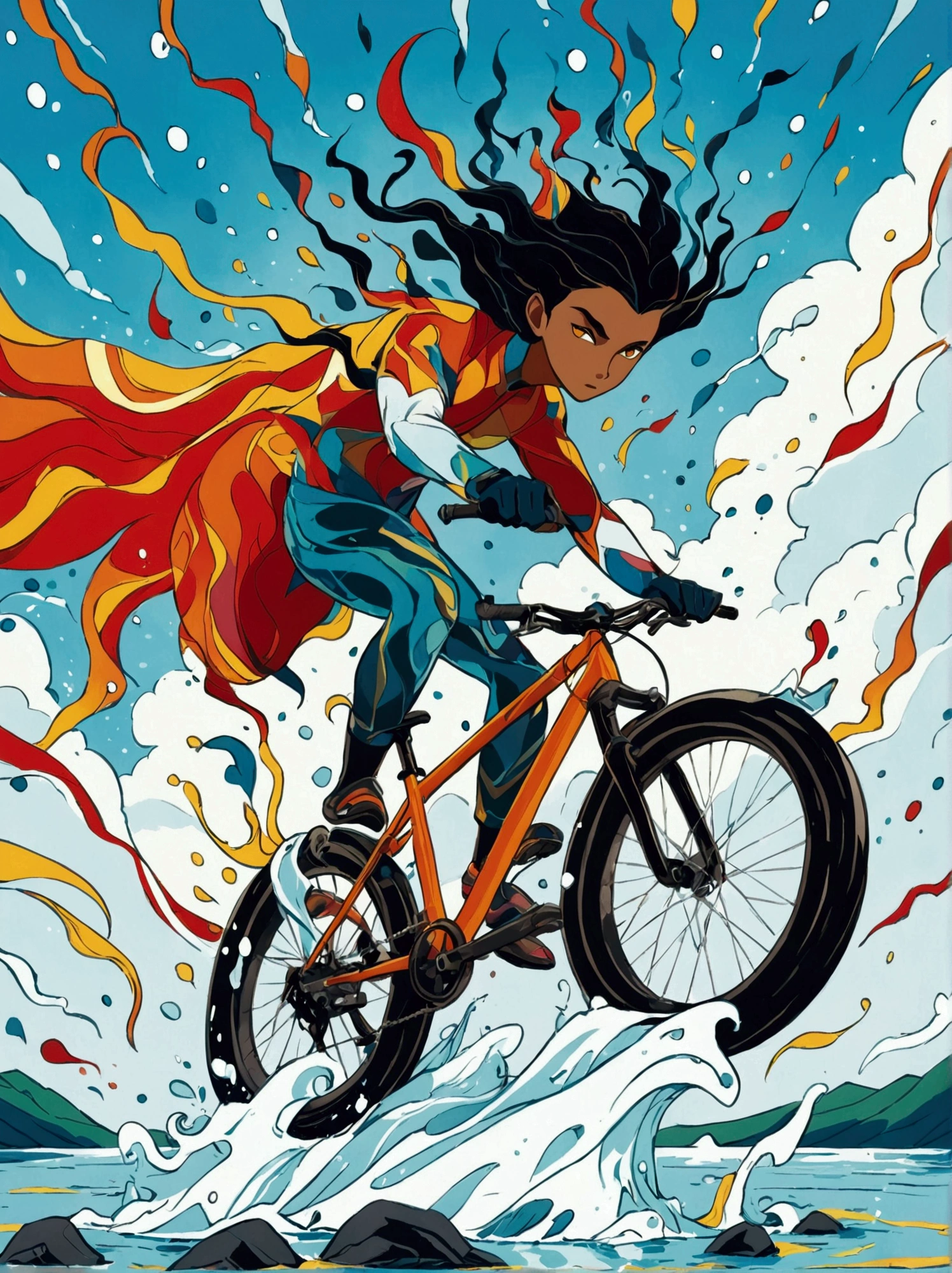 ([negative space:0.8:1.5]), Illustrate a daring and fearless individual performing a stunt where they are riding a bicycle on the surface of a calm lake. The rider, of ambiguous gender and Black descent, displays a strong and focused expression testifying their determination. In the midst of unfathomable adventure sports, the individual is portrayed mid-action, showcasing extreme sportsmanship. The scene should bear semblance to visible elements prominent in bright, vibrant color schemes, known characteristics of pre-1912 abstract art, and a splash of surrealism. Aim to capture the exhilaration and  of the moment like the imagery of a high-speed camera, freezing motion, and accentuating every detail in this fantastical reality. The image should whisper in dramatic undertones, 'YOU CAN DO IT', colorful cartoon-style illustration from an award winning animated movie, illustrated in bold outlines, showcasing its colors and shapes. The character is depicted adorned colorful energy against a white background, [mythical creature:0.8]