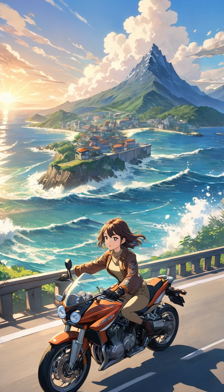 anime girl riding motorcycle with ocean and mountains, in the style of richly detailed genre paintings, animated film pioneer, naturalistic cityscapes