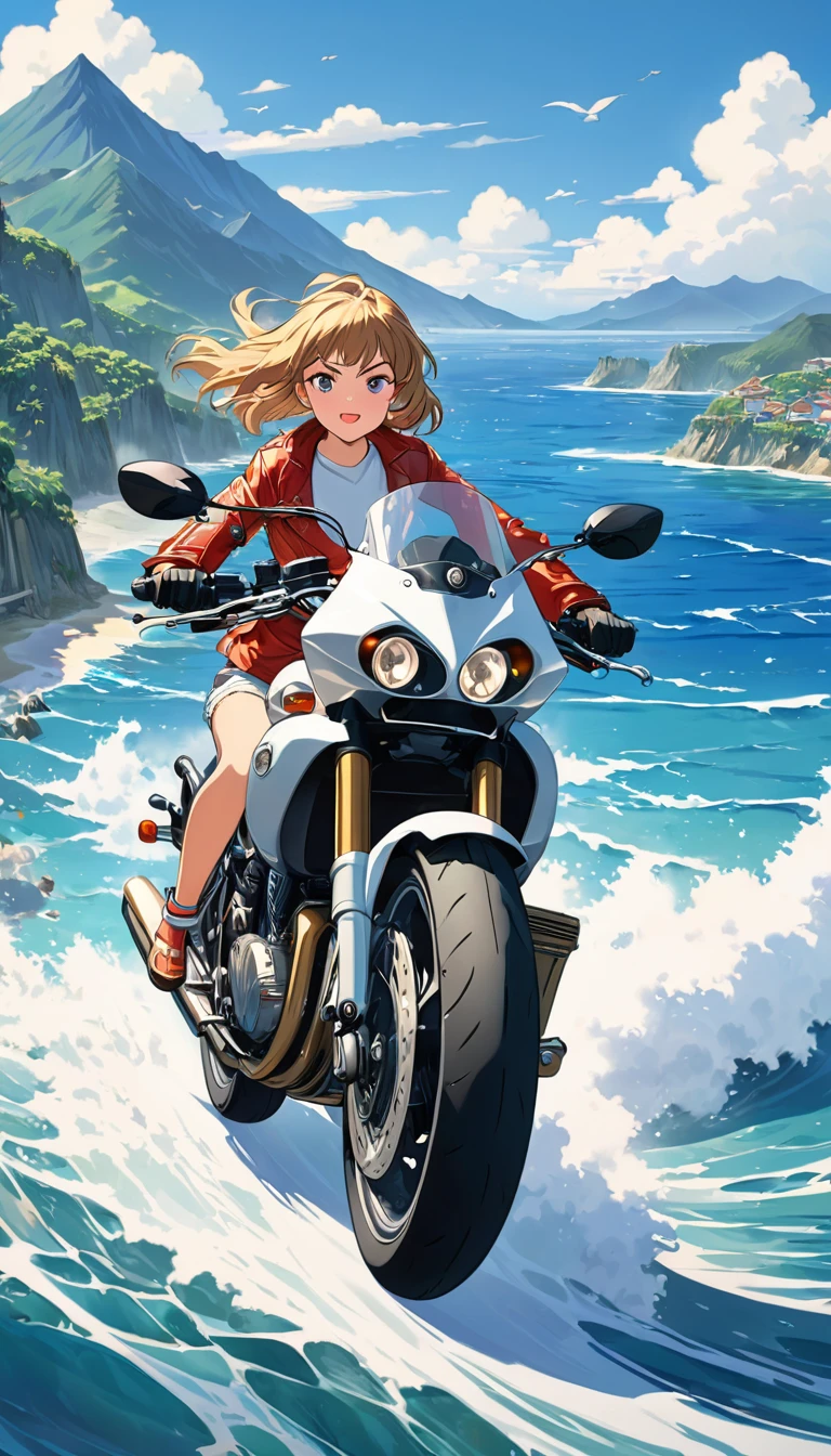 anime girl riding motorcycle with ocean and mountains, in the style of richly detailed genre paintings, animated film pioneer, naturalistic cityscapes