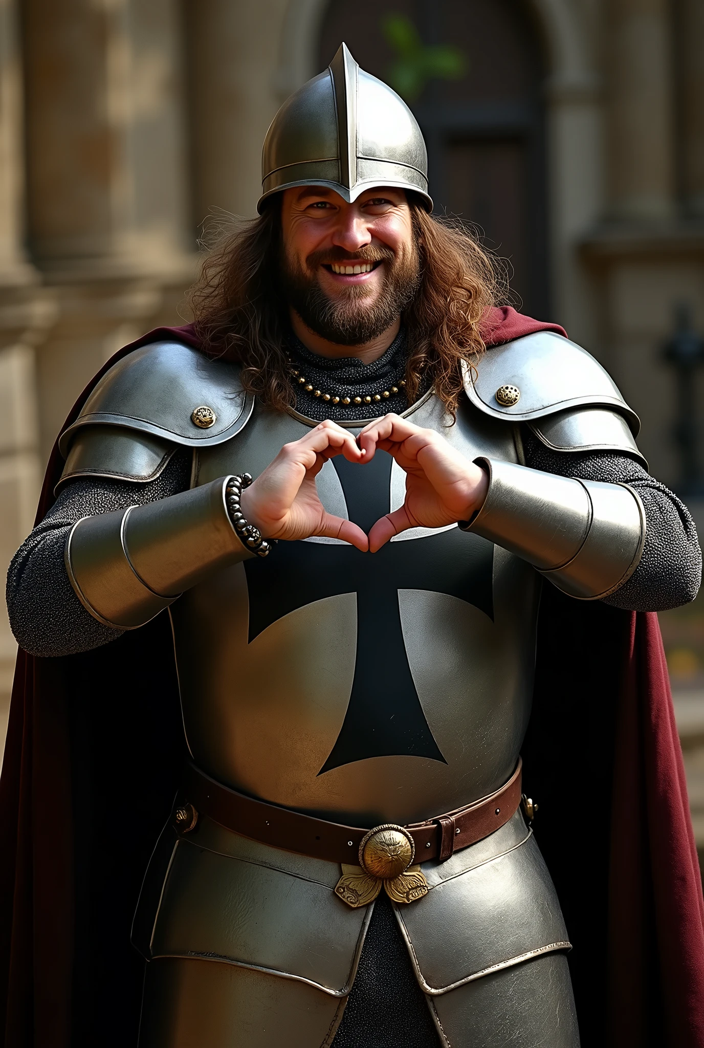 front chest , thumb and index-finger at With both hands make heart sign, cinema shooting, standing pose, action pose, 12th century, One of the Teutonic Knights, (Germany man, 30 age-old, brown hair, long hair, beard, mustache, big smile), make double V sign , Cover the whole body in armor, , The handle is cross-shaped, It is decorated, ((He wears a cloak with a Black cross on his chest)), Accurate, ((Anatomically correct,Surrealism, uhd, retina, accurate, anatomically correct, textured skin, super detail, high details, best quality, 8k))