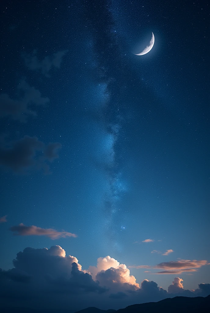 Starry Night Sky:
“Generate a night sky filled with ling stars and a crescent moon, set against a deep blue backdrop. Include a few wispy clouds and a hint of the Milky Way.”