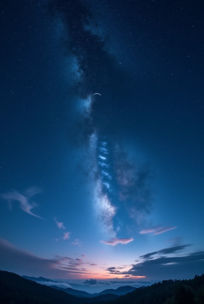 Starry Night Sky:
“Generate a night sky filled with twinkling stars and a crescent moon, set against a deep blue backdrop. Include a few wispy clouds and a hint of the Milky Way.”