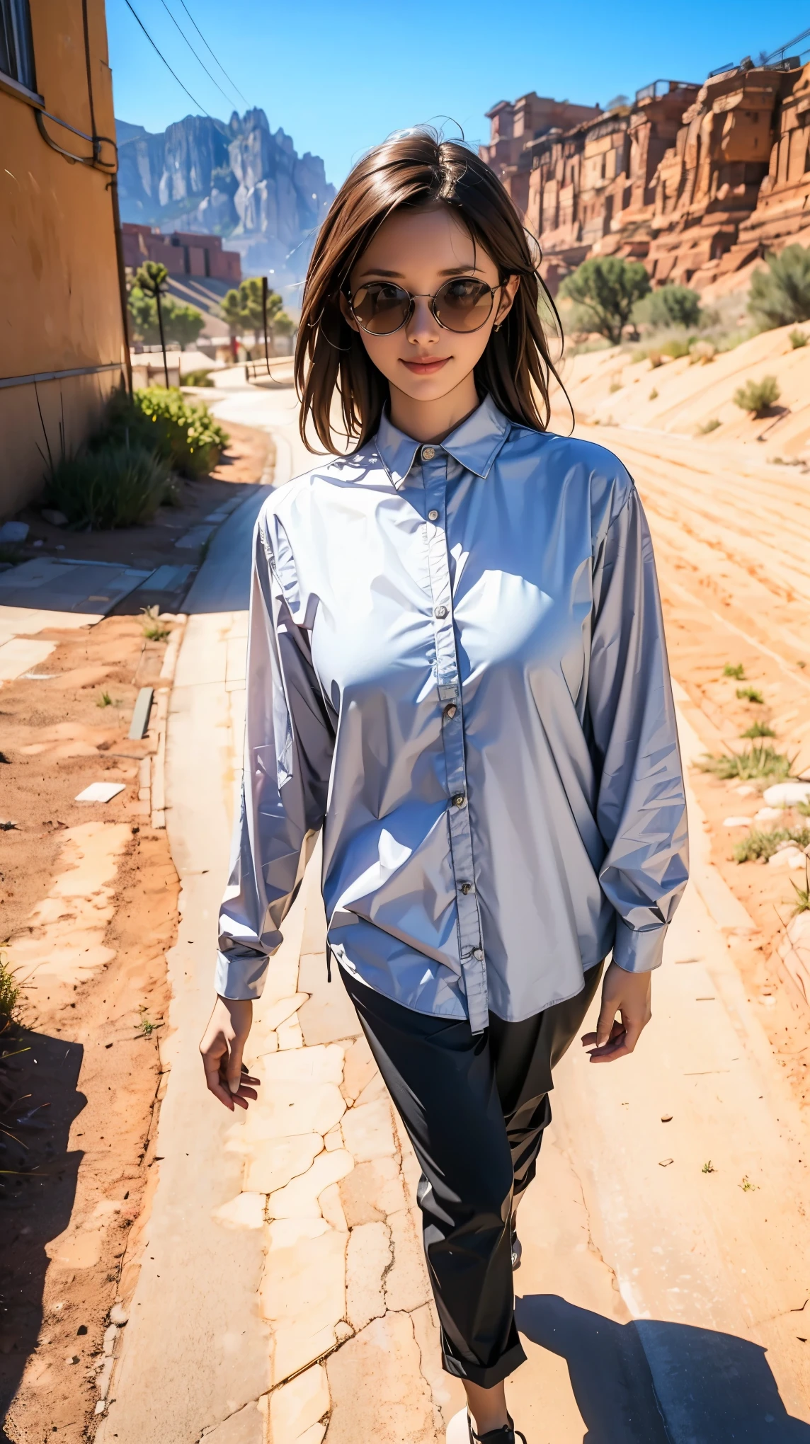 ((Highest quality)), ((masterpiece)), ((Realistic)), ((Highest quality)), ((masterpiece)), ((Realistic)), Girl Walking In The Desert, Looks tired, Loose clothing, long sleeve shirt and trousers, headgear, sunglasses, so beautiful, Natural and casual style at eye level, Scenic, masterpiece, (High resolution), original, extremely detailed 8K , (photoRealistic:1.4),Perfect Face, Perfect Eyes,Symmetrical body type,smile,