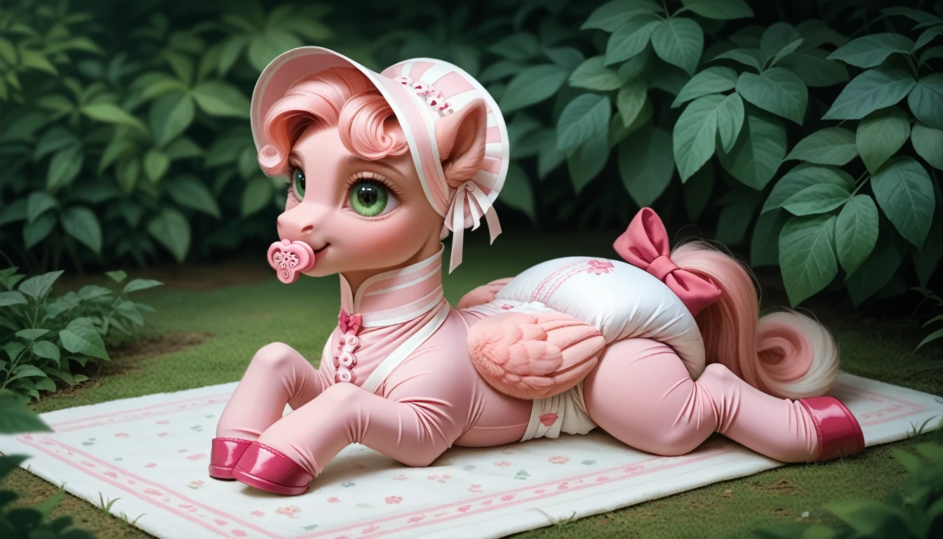 pony, Pegasus, adult filly, emerald green fur, a lush mane, gathered in a light pink bonnet, fluffy tail with a pink bow, sitting in the room on a soft play mat, dressed in a pink bodysuit and pink booties, pink pacifier in mouth, solo, thick light pink diaper under clothes.