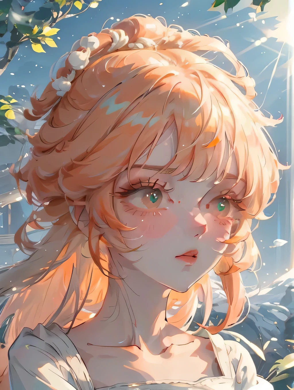(high quality) (best quality) (a woman) (correct physiognomy) (perfect students) (perfect eyes) anime woman, long fluffy deep orange hair, green eyes, sensitive lips, feminine appearance, soft facial features, slender eyebrows, smooth skin, rosy cheeks, pink lips, silky eyelashes, dreamy expression, orange hair, middle age, in the middle of nature, cute anime animation style, sunlight illuminated photo, anatomy from head to torso in the photo