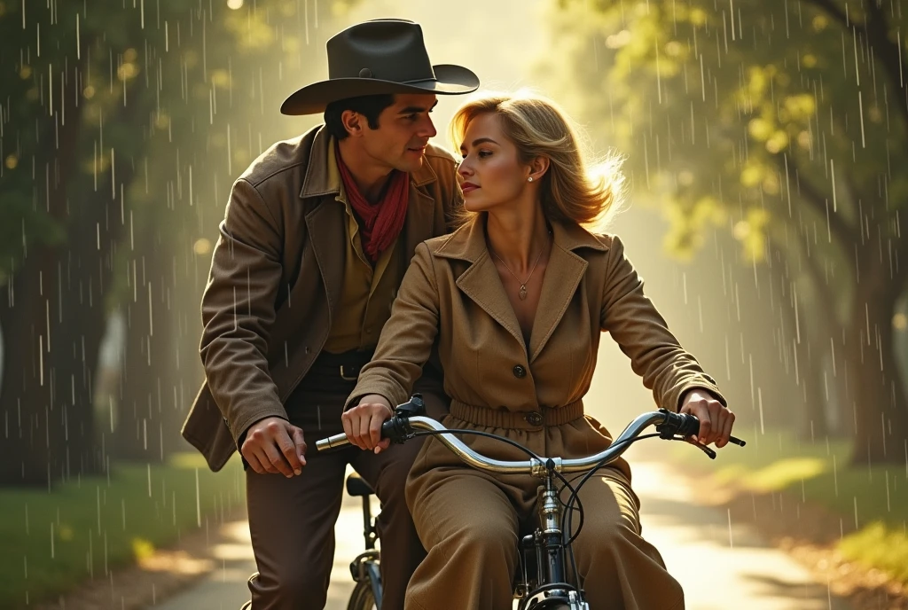 movie「Shoot for Tomorrow!」、Paul Newman as Butch Cassidy and Katharine Ross as Etta Place ride together on a bicycle、theme song「Even if it gets wet in the rain」Background music、beautiful and detailed portrait、1960s style、Vibrant colors、Nostalgic atmosphere、rain in the background、Sunlight filtering through the trees、Warm lighting、movieのような構成、Dynamic Movement、Photorealistic、Very detailed、(Highest quality、4K、8k、High resolution、masterpiece:1.2)、Super detailed、(Real、Photorealistic、Photorealistic:1.37)