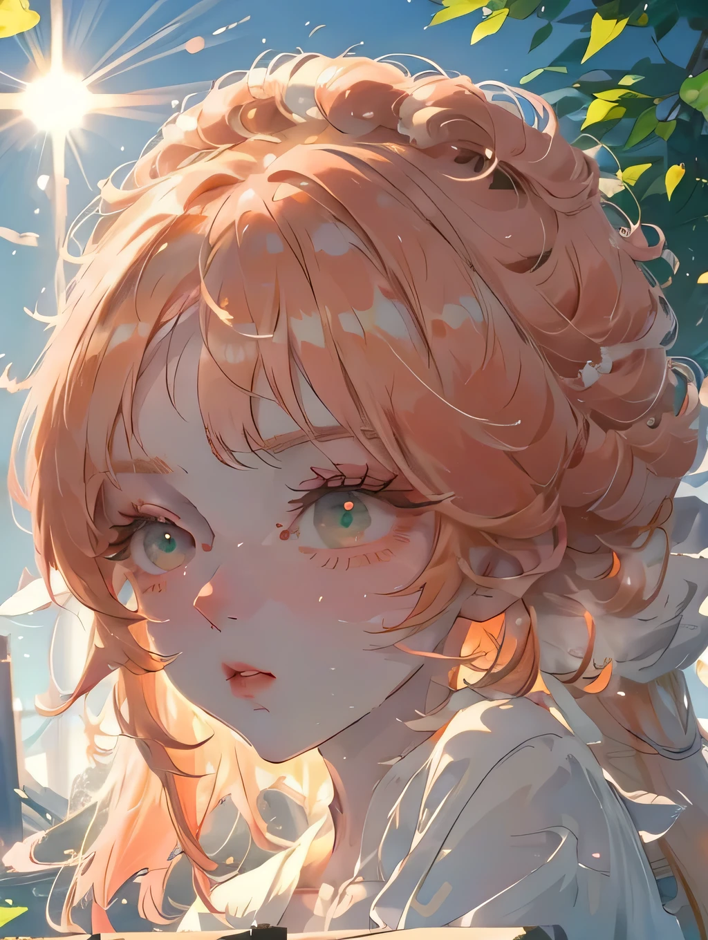 (high quality) (best quality) (a woman) (correct physiognomy) (perfect students) (perfect eyes) anime woman, long fluffy deep orange hair, green eyes, sensitive lips, feminine appearance, soft facial features, slender eyebrows, smooth skin, rosy cheeks, pink lips, silky eyelashes, dreamy expression, orange hair, middle age, in the middle of nature, cute anime animation style, sunlight illuminated photo, anatomy from head to torso in the photo
