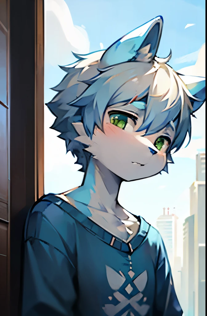 Furry, Anime furry, anthro male cat, light blue and white fur, short white hair, portrait, solo, blue sweatshirt, full body character, anime style character, digital painting, green eyes