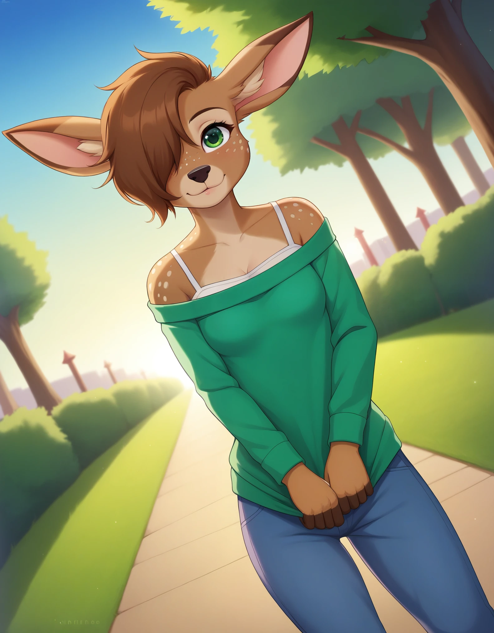 Solo, 1girl, female, adult, lotte, deer girl, furry female, body fur, animal nose, snout, animal ears, green eyes, brown hair, short hair, freckles, cute face, perfect anatomy, detailed skin, detailed eyes, perfect hands, perfect face, small breast, hair over one eye, BREAK sweater, long sleeves, off-shoulder shirt, pants, BREAK outdoors, park, colorful, sunset, looking at viewer, dutch angle, BREAK ((ultra-detailed)), ((best quality)), ((best quality)), ((beautiful eyes)), ((extremely detailed)), 4K, (8K), best quality, (beautiful), Master piece, highres, score_9, score_8_up, score_7_up, colorful, best quality, official art, highres, masterpiece, nai3, god light, detailed background, high quality background, very aesthetic, absurdres, 