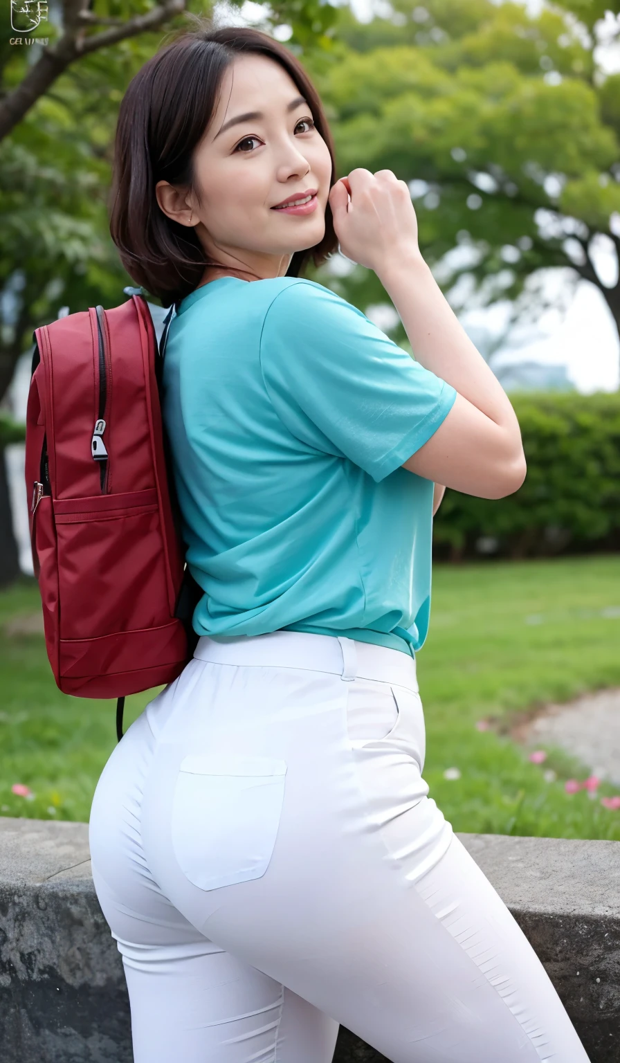 Beautiful Japanese Women、Beautiful Mature Woman、Classy sex appeal、sexy、Perfect Lighting、Beauty、Transparent beauty、8K High Resolution、Beauty in natural light、High resolution、Photorealistic、Masterpiece、smile、Gravure quality、55-year-old Mrs.、Plump body shape、Tight chino pants、Earth color t-shirt、Big Ass、Trekking along mountain trails、Carry your backpack