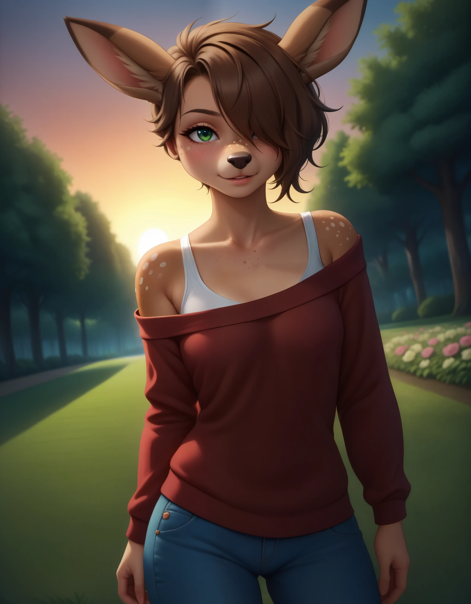 Solo, 1girl, female, adult, lotte, deer girl, furry female, body fur, animal nose, snout, animal ears, green eyes, brown hair, short hair, freckles, cute face, perfect anatomy, detailed skin, detailed eyes, perfect hands, perfect face, small breast, hair over one eye, BREAK sweater, long sleeves, off-shoulder shirt, pants, BREAK outdoors, park, colorful, sunset, looking at viewer, dutch angle, BREAK ((ultra-detailed)), ((best quality)), ((best quality)), ((beautiful eyes)), ((extremely detailed)), 4K, (8K), best quality, (beautiful), Master piece, highres, score_9, score_8_up, score_7_up, colorful, best quality, official art, highres, masterpiece, nai3, god light, detailed background, high quality background, very aesthetic, absurdres, 