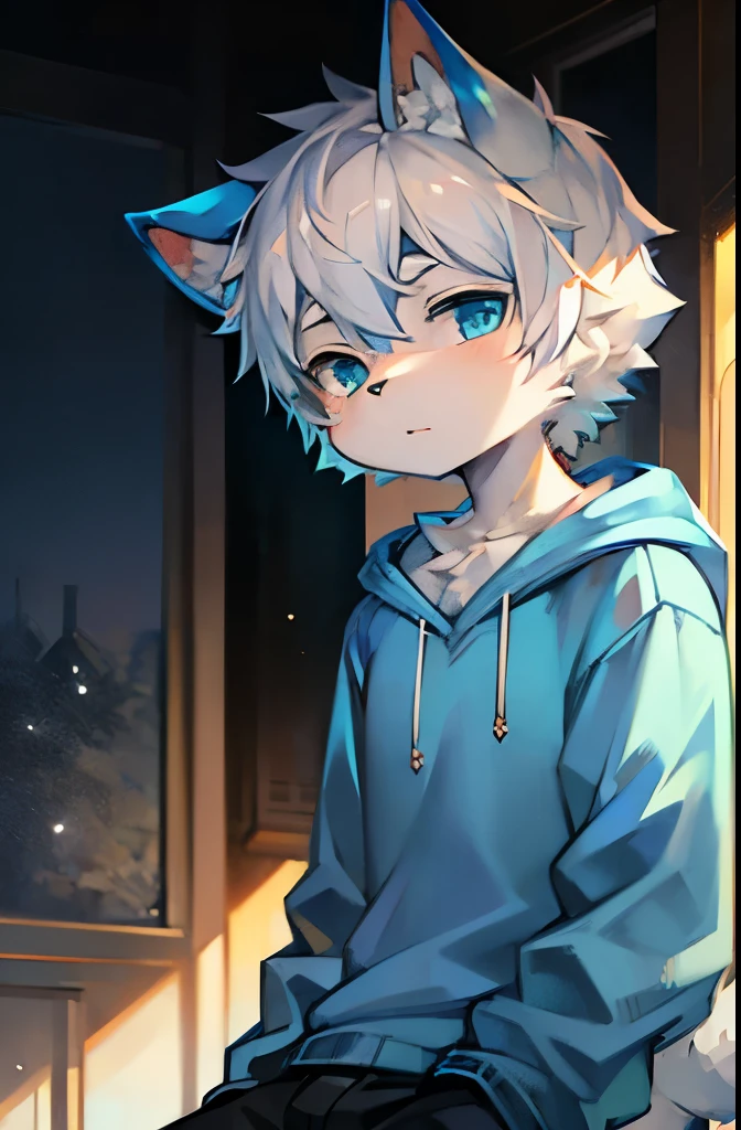 Furry, Anime furry, anthro male cat, light blue and white fur, short white hair, portrait, solo, blue sweatshirt, full body character, anime style character, digital painting