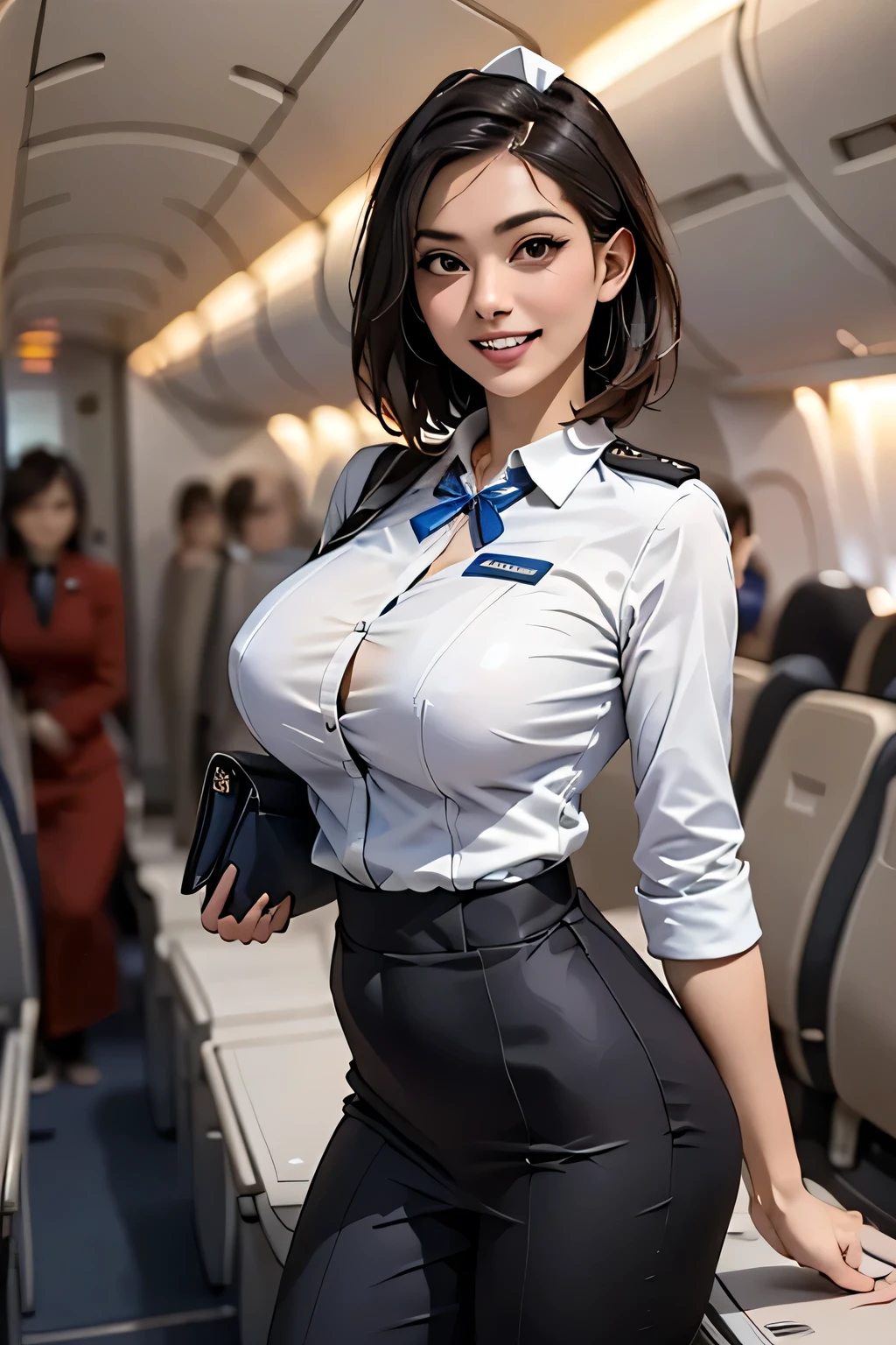 (masterpiece, Highest quality, 8k, Intricate detaileds, 超detailed, Ultra-high resolution,) 1 female, alone, A beautiful and ripe year, (Flight attendant uniform:1.4), Are standing, ((Beautiful Face)), (detailedな顔), (Perfect Teeth), double eyelid, eyelash, 唇のdetailed, Grin, (Black short hair), (Huge breasts), detailed, Perfect body, ((Cowboy Shot)), (background: Inside the plane)