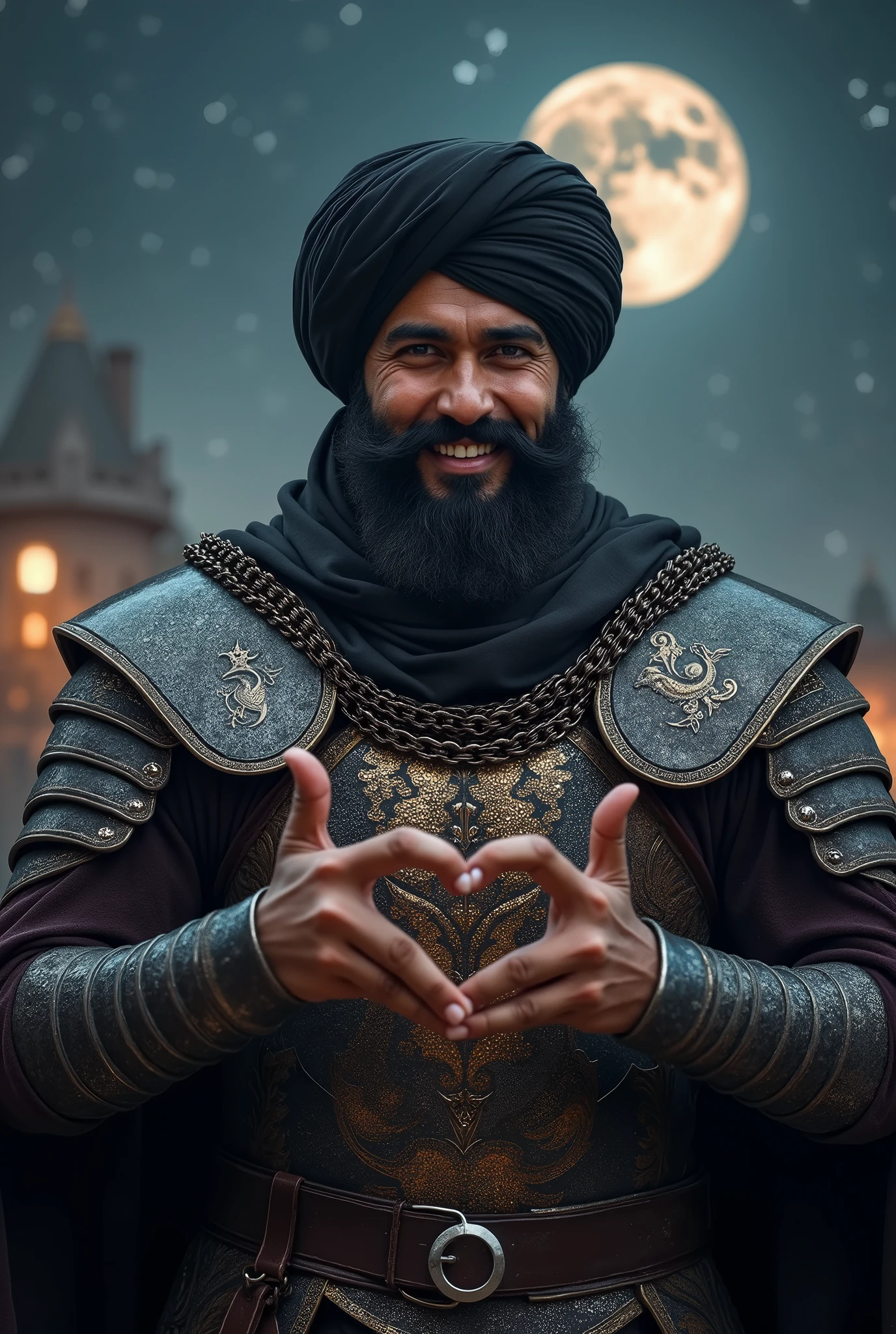 front chest , finger at With both hands　make heart sign ,cinema shooting  ,Muslim warriors, black man , middle body, (Has black hair and a beard, big smile),(Cover the whole body in armor, make V sign,  ((He wears a chain clothes, and Wearing a turban, body light armor))) , night  ((Anatomically correct,Surrealism, uhd, retina, accurate, anatomically correct, textured skin, super detail, high details, best quality, 8k))