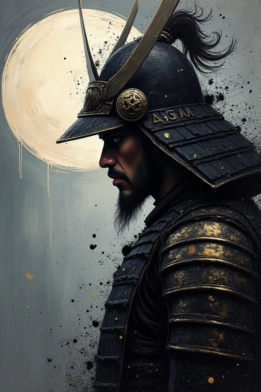 acrylic splash painting, close-up a beautiful samurai with sad face, side view, abstract chaos, dark ambient, smokie, mystery, full moon