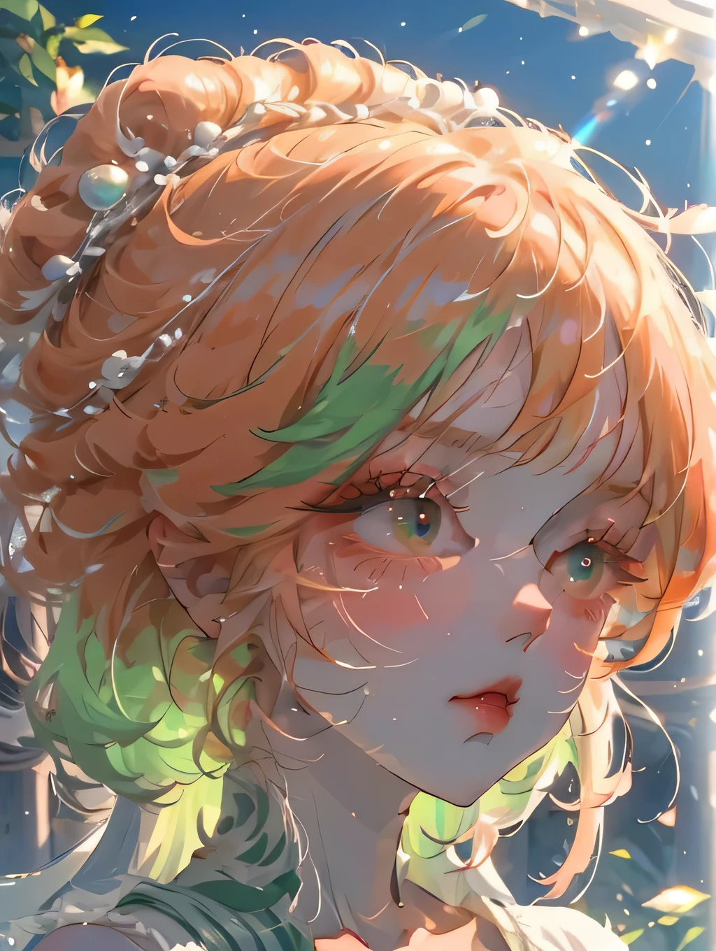 (high quality) (best quality) (a woman) (correct physiognomy) (perfect students) (perfect eyes) anime woman, long fluffy deep orange hair, green eyes, sensitive lips, feminine appearance, soft facial features, slender eyebrows, smooth skin, rosy cheeks, pink lips, silky eyelashes, dreamy expression, orange hair, middle age, in the middle of nature, cute anime animation style, sunlight illuminated photo, anatomy from head to torso in the photo