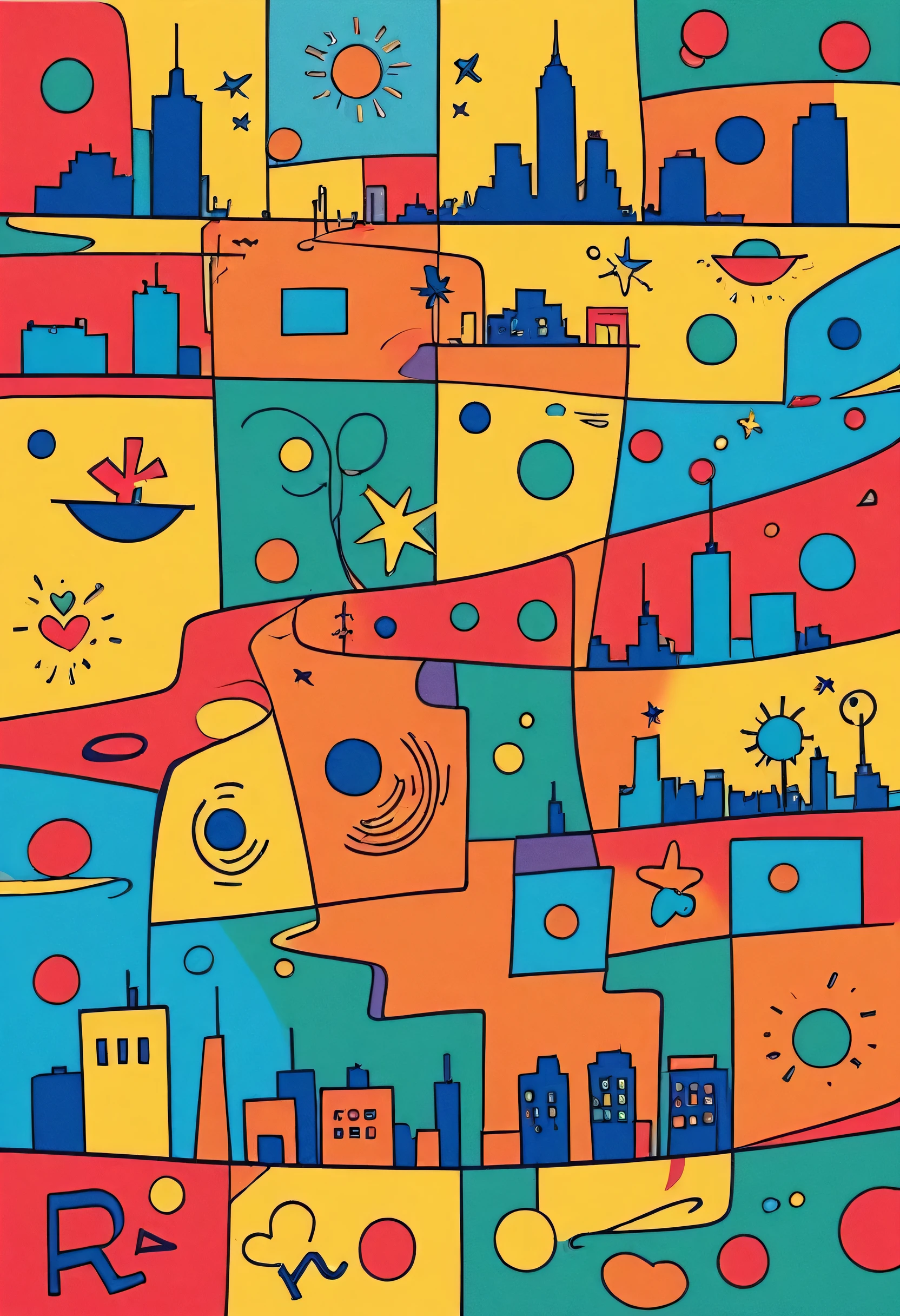 Keith Haring colorful style, Simple Line Initialism,Abstract art,(((NY cityscape))), (((No people)))