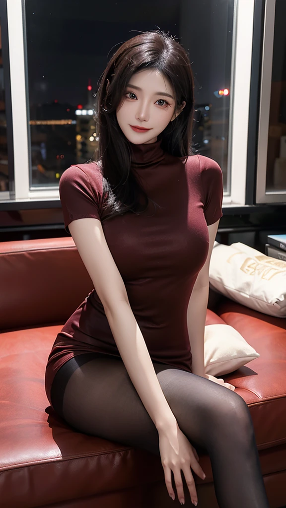 ada, short black hair, brown eyes, red turtleneck dress, short sleeves, pantyhose, looking at viewer, seductive smile, sitting, on sofa, crossing legs, inside a messy living room, window, dark, night time, high quality, masterpiece,  