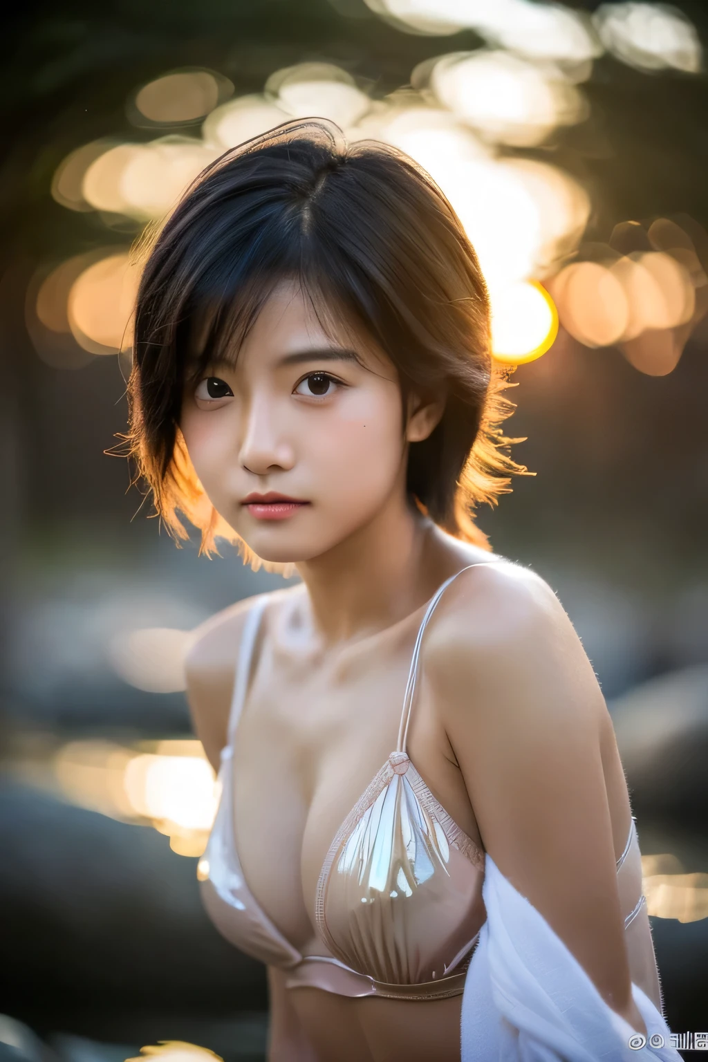 Hair blowing in the wind、Wet Skin、Wet Hair、Wet clothes、Sea at dusk,A woman with a cute face like a Japanese idol,(Cleavage),((Cinema Lighting),(Natural light),(High level of artistry),(artistic),(Indistinguishable quality from the real thing),{{RAW Photos}},{{Genuine}},High resolution,masterpiece, beautiful, Handsome Tomboy, Looks like a salon model, ((Cool face)), Neutral facial features, 、Cowboy Shot, Low Leg Panties, nsfw:1.4、No sleeve、Ultra shiny transparent holographic swimsuit、Puzzled:1.2、shame:1.2、shame、Ecstasy、Humiliation、Drooling、sleepy:1.2、I have a fever、blush