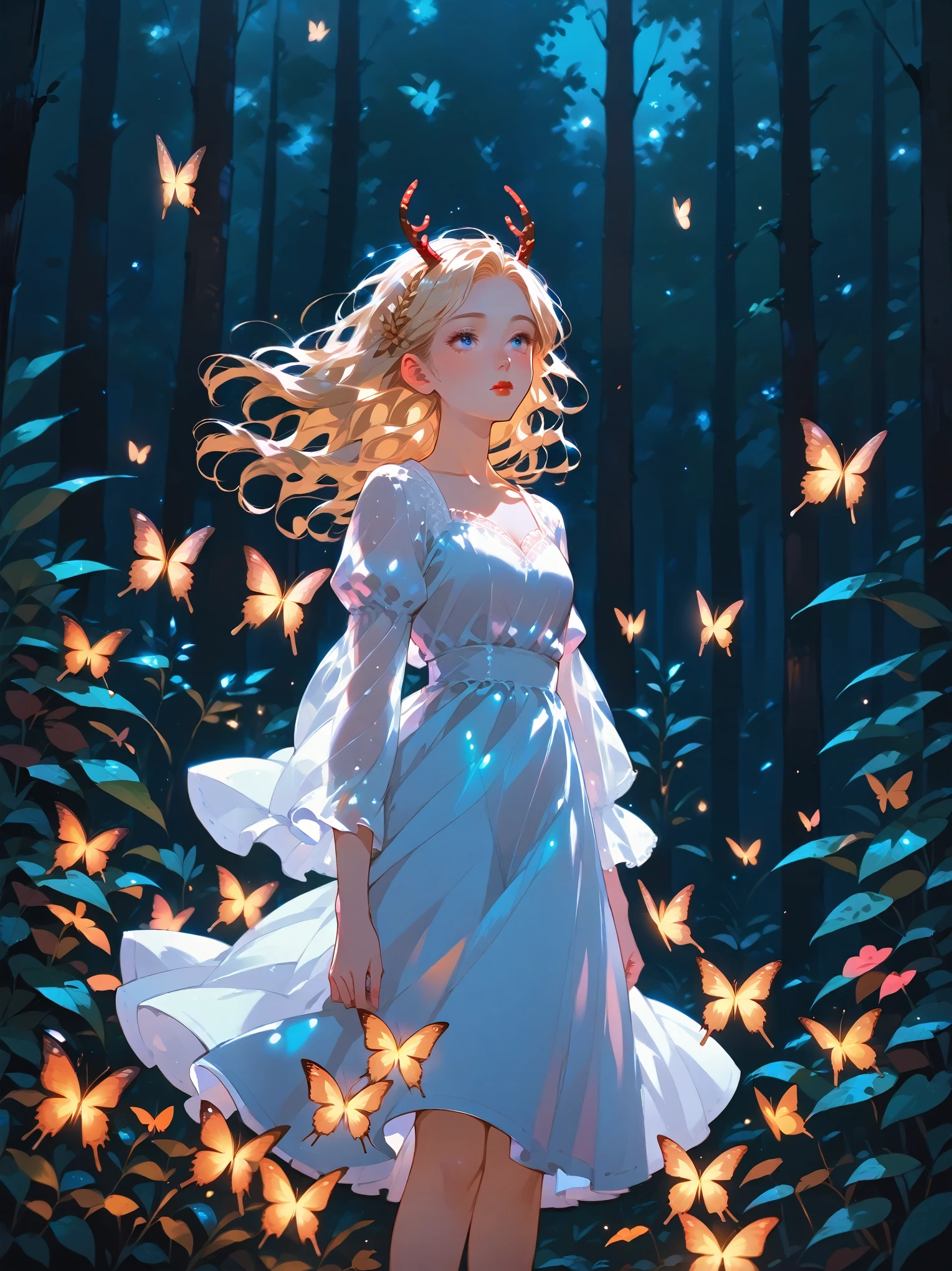 score_9,score_8_up,score_7_up, score_9,score_8_up,score_7_up, 1girl,long hair,looking at viewer,blue eyes,blonde hair,long sleeves,dress,closed mouth,standing,outdoors,horns,puffy sleeves,white dress,from side,tree,lips,looking to the side,night,feet out of frame,blue dress,glowing,leaf,wavy hair,bug,plant,butterfly,nature,forest,antennae,arms at sides,red lips,antlers,yellow butterfly
