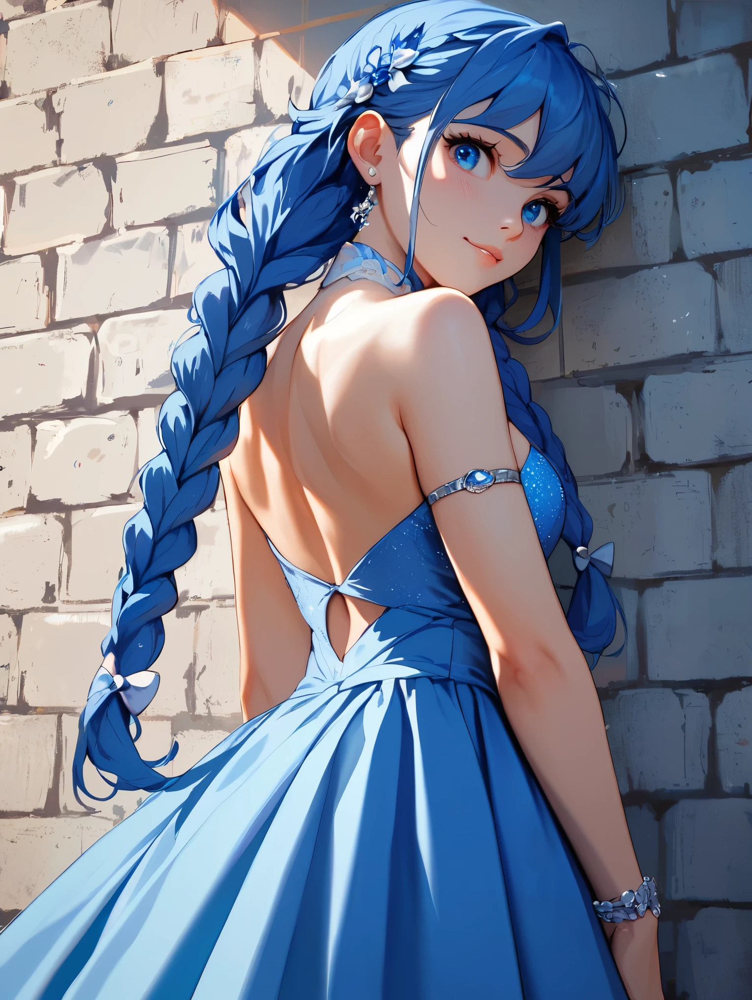 score_9,score_8_up,score_7_up,score_6_up,expressive eye, cute, 1 girl, blue hair, blue double braids, blue eyes (like sapphire), formal dress, semi backless, neckband, skirt, newspaper wall background,Facing the audience directly,The upper part of the back is exposed,