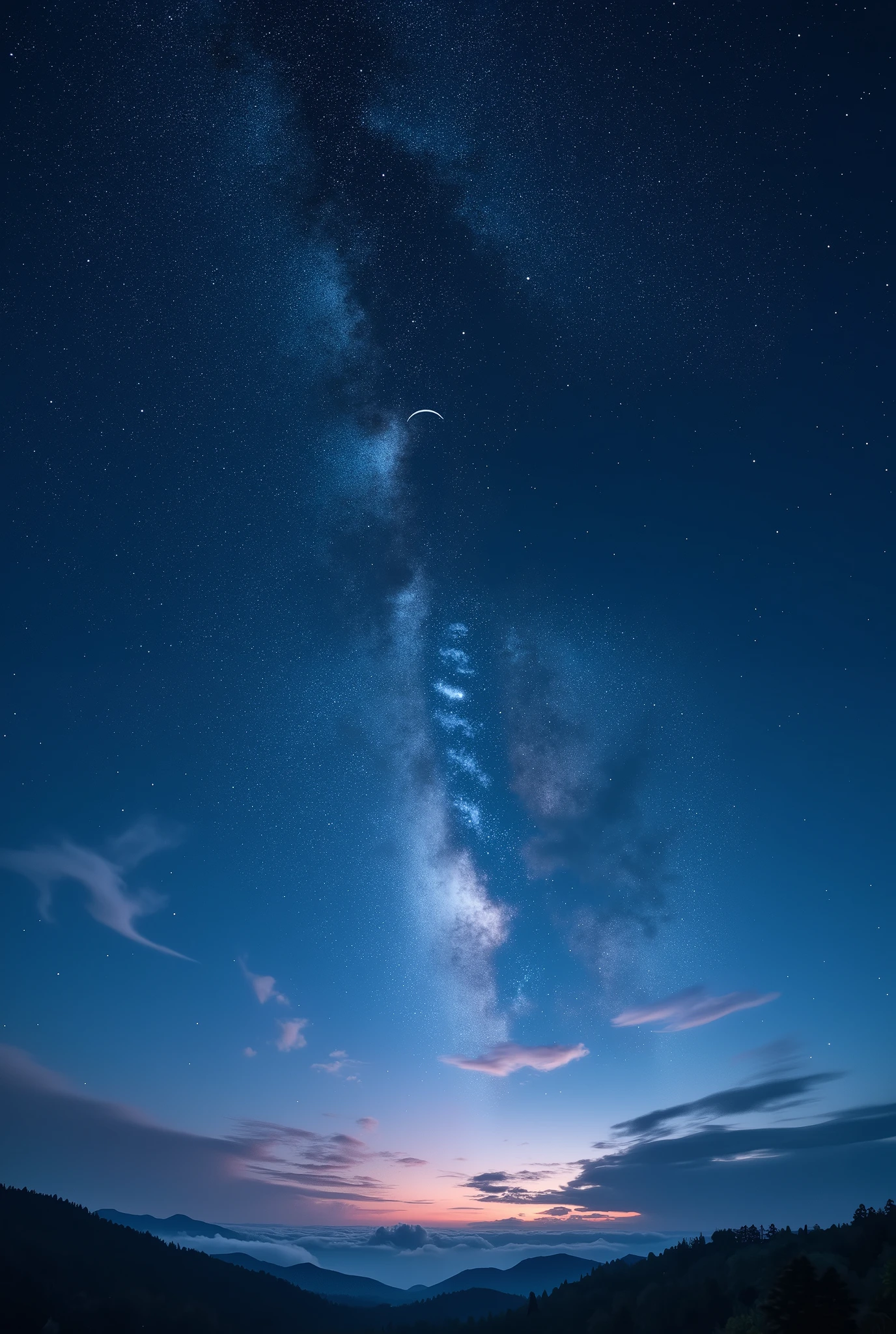 Starry Night Sky:
“Generate a night sky filled with twinkling stars and a crescent moon, set against a deep blue backdrop. Include a few wispy clouds and a hint of the Milky Way.”