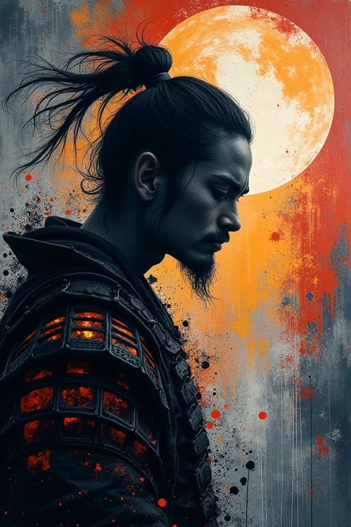 acrylic splash painting, close-up a beautiful samurai with sad face, side view, abstract chaos, dark ambient, smokie, mystery, full moon
