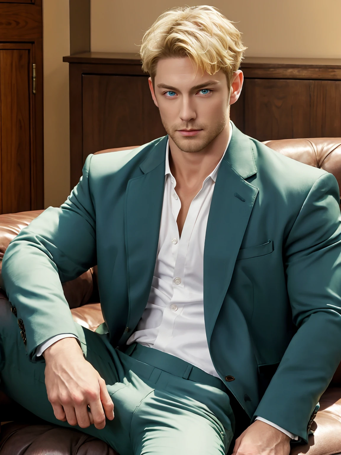 Loyd_forge, 独奏, looking at viewer, short hair, Blue eyes, blonde hair, Full chest muscles, Swelling of chest muscles, 1boy, sitting, jacket, white shirt, male focus, pants, indoors, spread legs, open jacket, muscular, formal, abs, cat, suit, pectorals, big huge bulge, stage, green jacket, unbuttoned, green pants, 