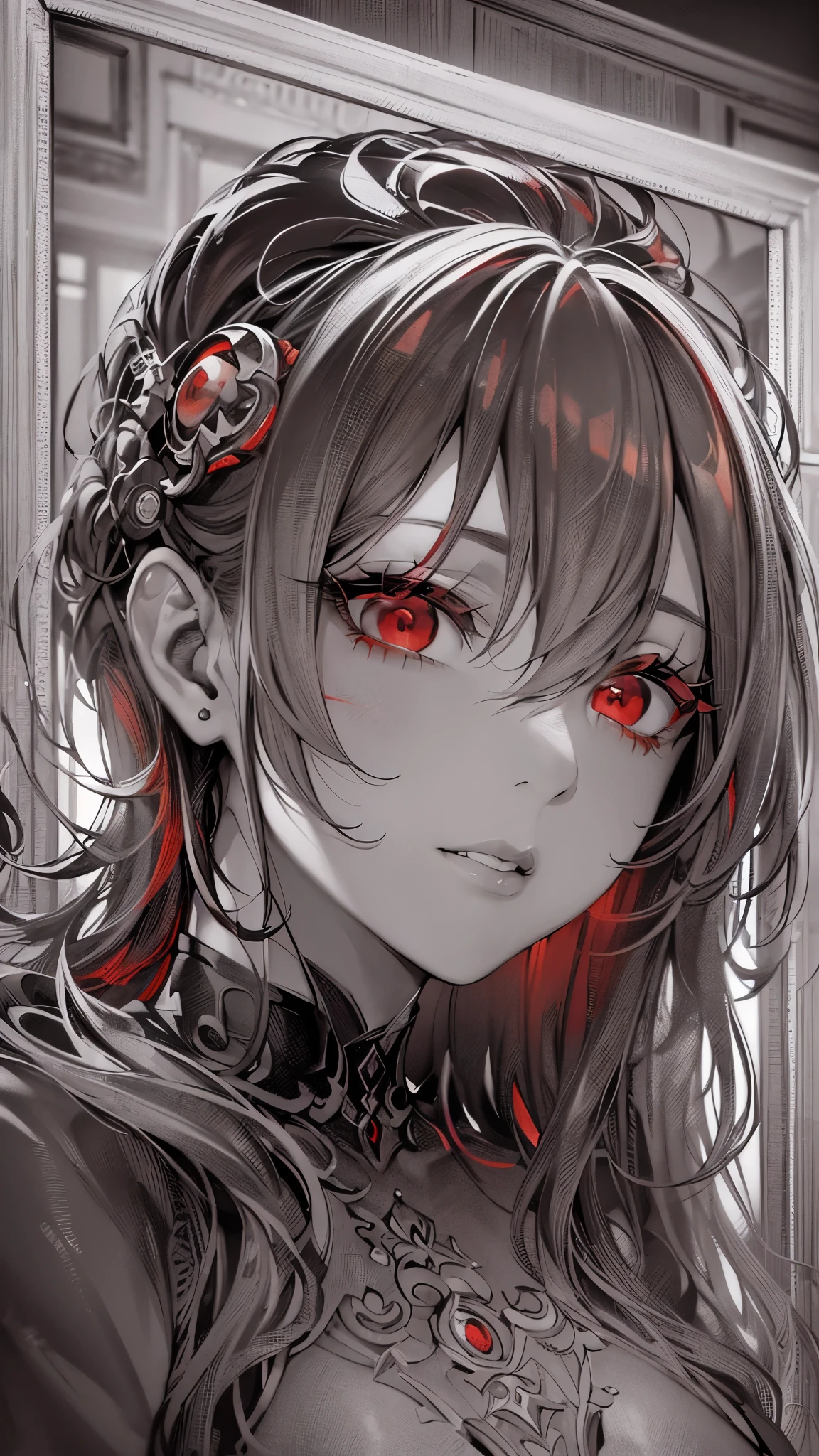 ((Highest quality)),(Ultra-high resolution),(Super detailed),(Detailed Description),((The best CG)),(masterpiece),Highly detailed art,(Art with precise detail:1.5), (Monochrome:1.6),(Red Eyes:1.6)