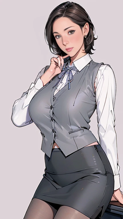 1，short hair，Photorealism，detailed，masterpiece，mature，((full))， (Broad shoulders), ((Huge breasts))((((1 Lady Lil,)))) (masterpiece), (Realistic), (Highest quality), (非常にdetailedな), Awesome 30 year old wife, Panty shot, Long brown hair, office lady, Wearing a pink plaid vest, White short sleeve shirt, Grey pencil skirt, Wear stiletto heels, necklace,, Cute Face, smile, blush, Shyness, Glass Wall, 超detailed, Realistic, Front view, whole body, (Wearing [[White and grey check pattern]] A vest worn over a white-collared long-sleeved shirt:1.4), (Grey buttoned vest:1.2), (Pink Theme:1.2), (blue ribbon ribbon:1.3), (Black Theme:1.4), (tight black pencil skirt:1.5), ((Brown pantyhose)), (High heels:1.1),Long skirt,transaction machine, Office chair,Lullabre Unity 8K Wallpaper, Beautiful background, clearly, Highest quality, Highest Resolution, Best aesthetics,非常にdetailedな CG ユニティ 8k,