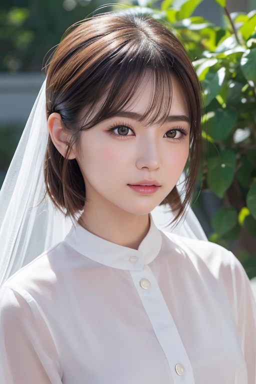 (highest quality:1.5), (Realistic:1.5), (1 person:1.5), (Medium Shot:1.5), Very detailed, High resolution, 8k wallpaper, , Small breasts, Natural color lips, Cute Smile, Japanese women, 20-year-old girl, Beautiful and elegant face, Perfect and beautiful face, Big eyes, Brunette's eyes, Beautiful and elegant face, Perfect and beautiful double eyelids, Natural Bangs, Beautiful thin nose, Beautiful Skin, chestnut brown hair, Medium Bob Hair, Shortcuts, Natural Bangs, Perfect and beautiful face, Slim face and figure, (looking at the camera), Bright lighting, Professional Lighting, Forward lighting, Natural smile, church, princess-Line wedding dress, tiara,