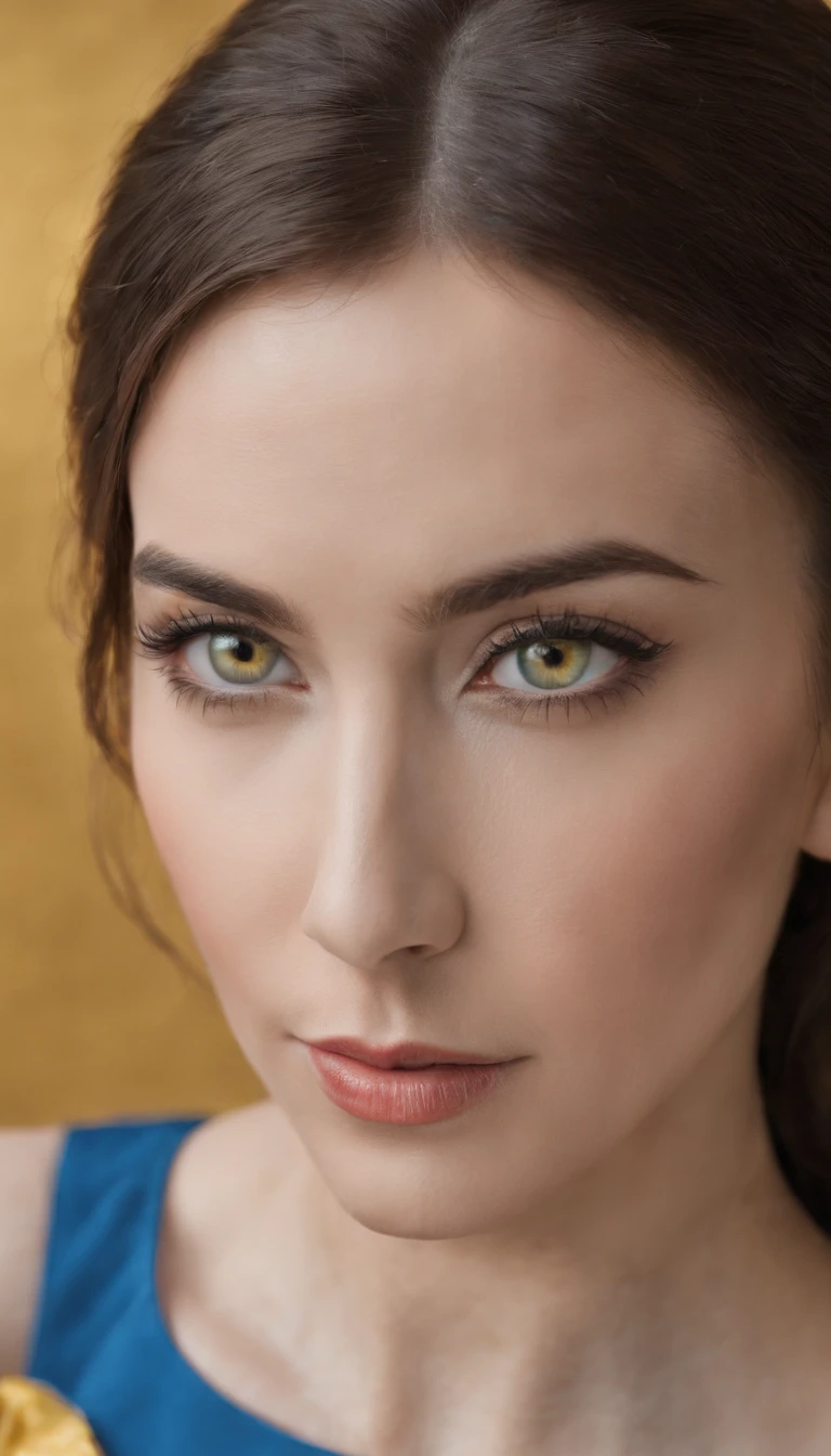 A stunning and captivating close-up photograph of a woman in a bright blue dress and matching yellow eyes. Her eyes are accentuated with dark eyeliner and mascara, creating an intense gaze. The blue dress hugs her figure, emphasizing her elegance, and has a slight train that flows gently behind her. The background is out of focus, allowing the viewer to focus on the woman's striking features.