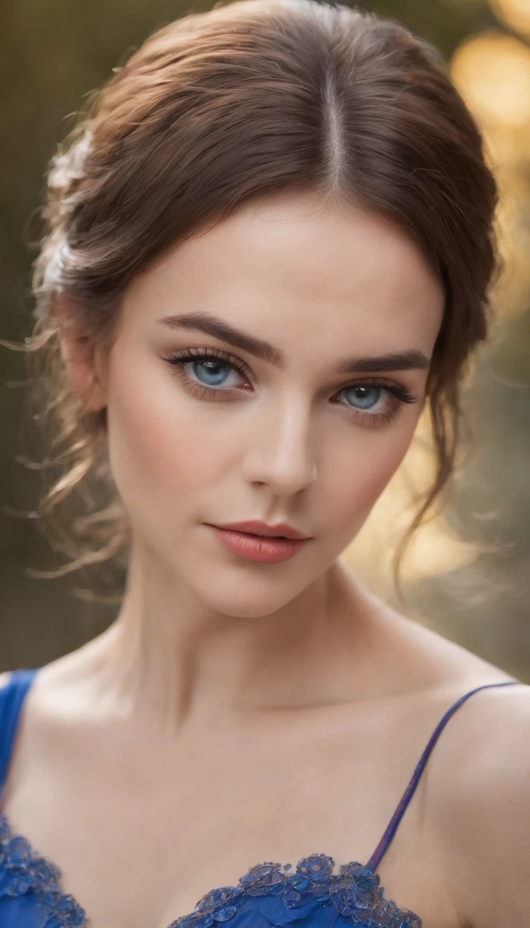 A stunning and captivating close-up photograph of a woman in a bright blue dress and matching yellow eyes. Her eyes are accentuated with dark eyeliner and mascara, creating an intense gaze. The blue dress hugs her figure, emphasizing her elegance, and has a slight train that flows gently behind her. The background is out of focus, allowing the viewer to focus on the woman's striking features.