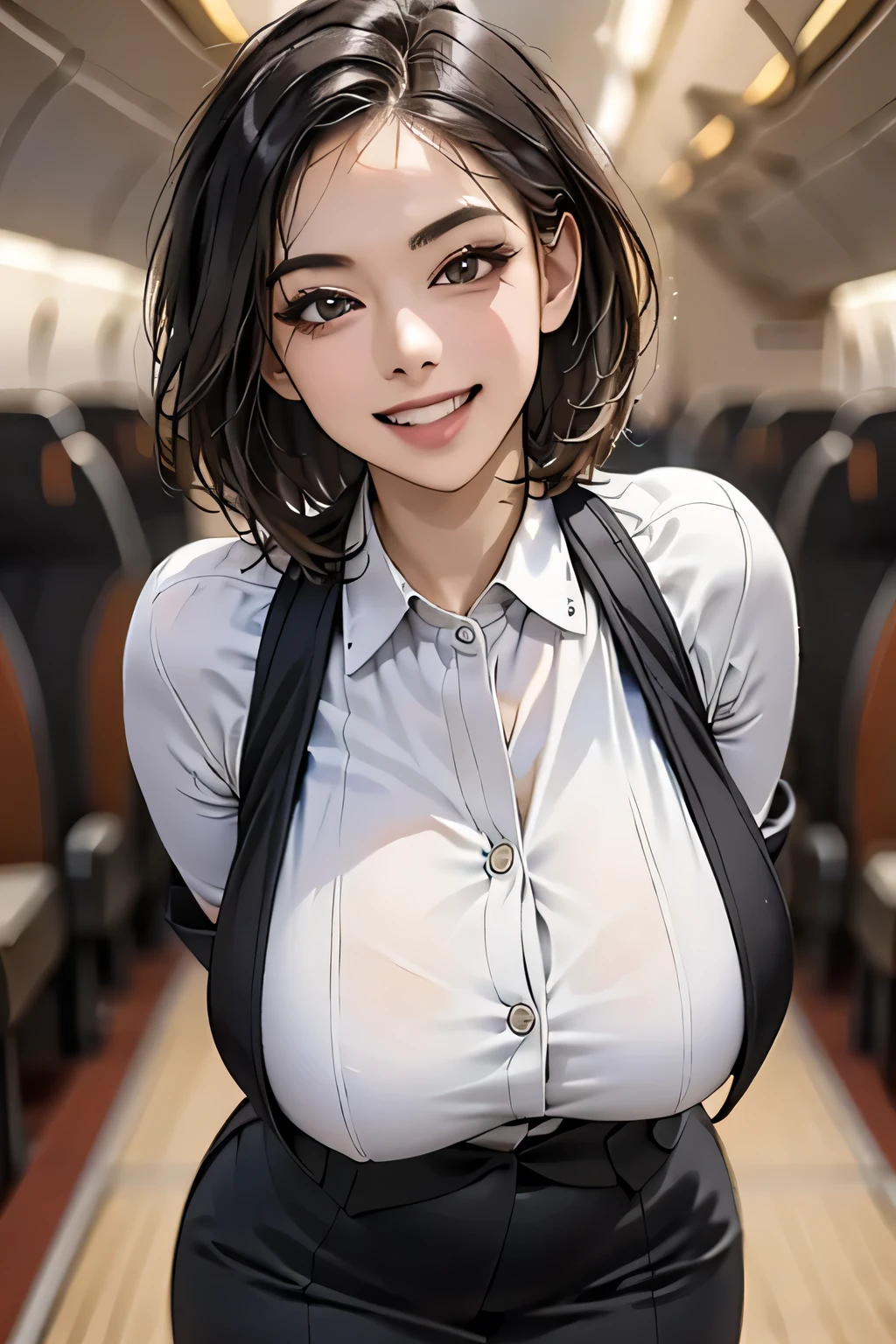 (masterpiece, Highest quality, 8k, Intricate detaileds, 超detailed, Ultra-high resolution,) 1 female, alone, A beautiful and ripe year, (Flight attendant uniform:1.4), Are standing, ((Beautiful Face)), (detailedな顔), (Perfect Teeth), double eyelid, eyelash, 唇のdetailed, Grin, (Black short hair), (Huge breasts), detailed, Perfect body, ((Cowboy Shot)), (background: Inside the plane)