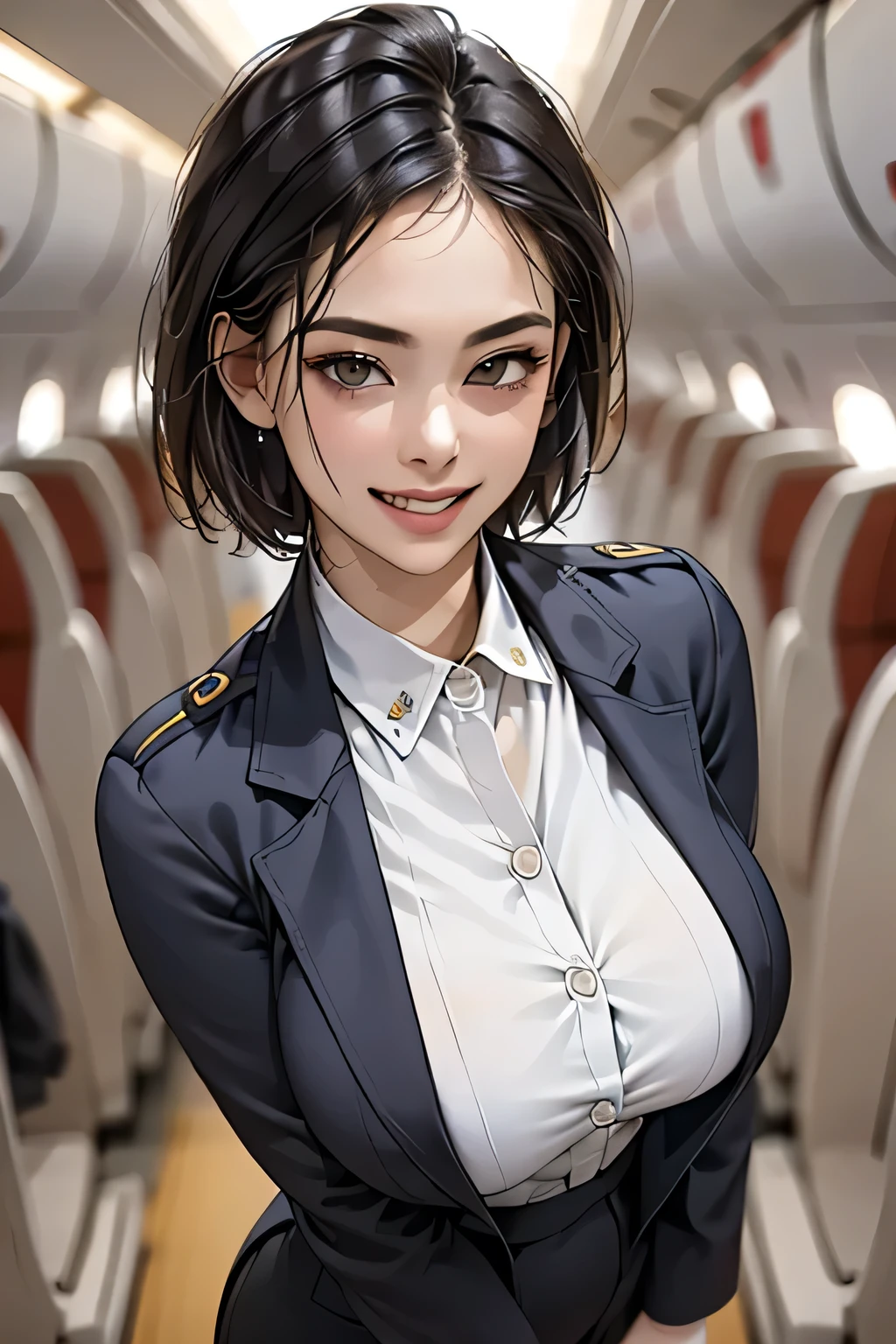 (masterpiece, Highest quality, 8k, Intricate detaileds, 超detailed, Ultra-high resolution,) 1 female, alone, A beautiful and ripe year, (Flight attendant uniform:1.4), Are standing, ((Beautiful Face)), (detailedな顔), (Perfect Teeth), double eyelid, eyelash, 唇のdetailed, Grin, (Black short hair), (Huge breasts), detailed, Perfect body, ((Cowboy Shot)), (background: Inside the plane)