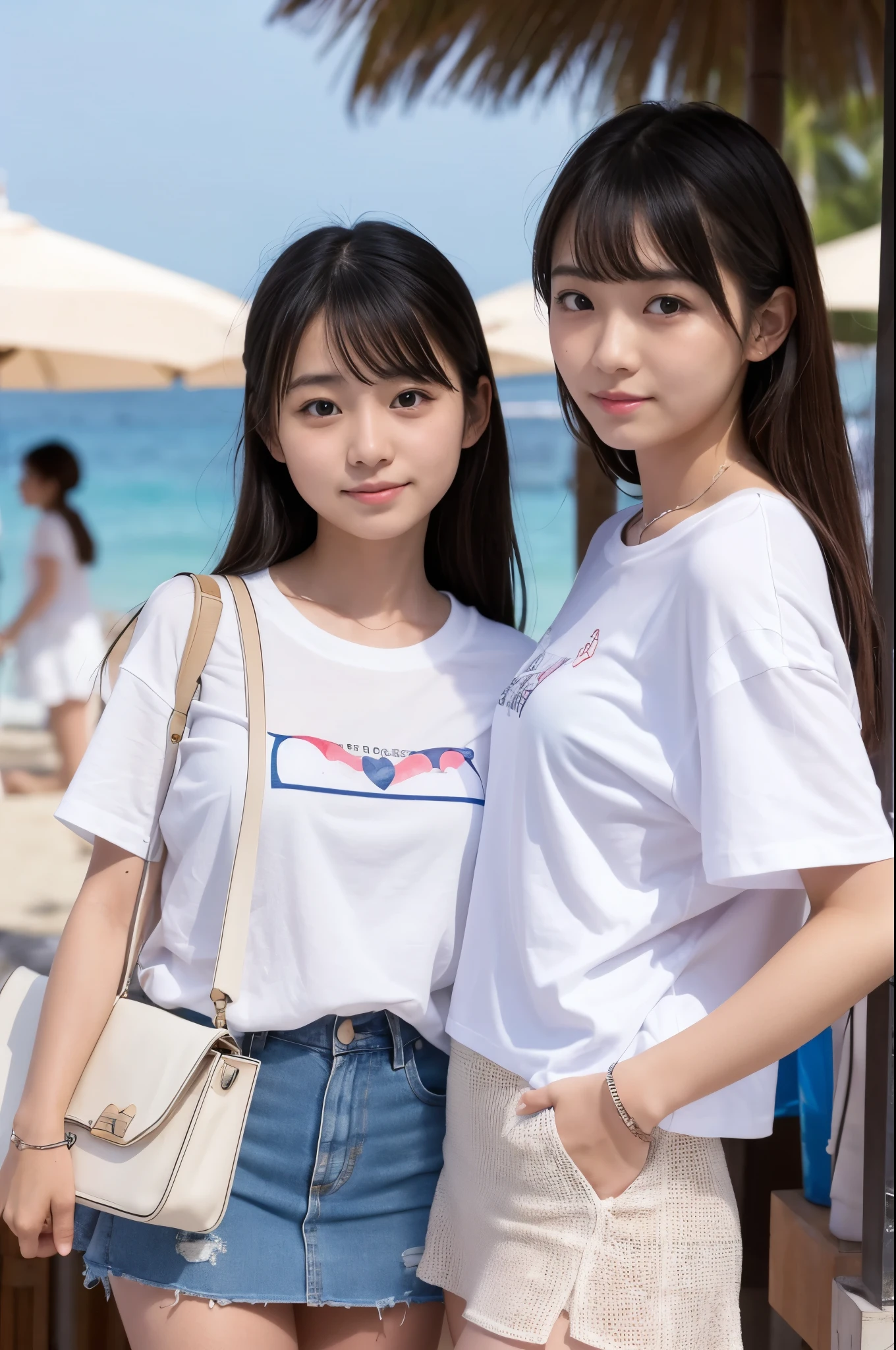Two girls (20 years old, Japanese cute face) are wearing white Tshirts, mini skirt at the beach bar