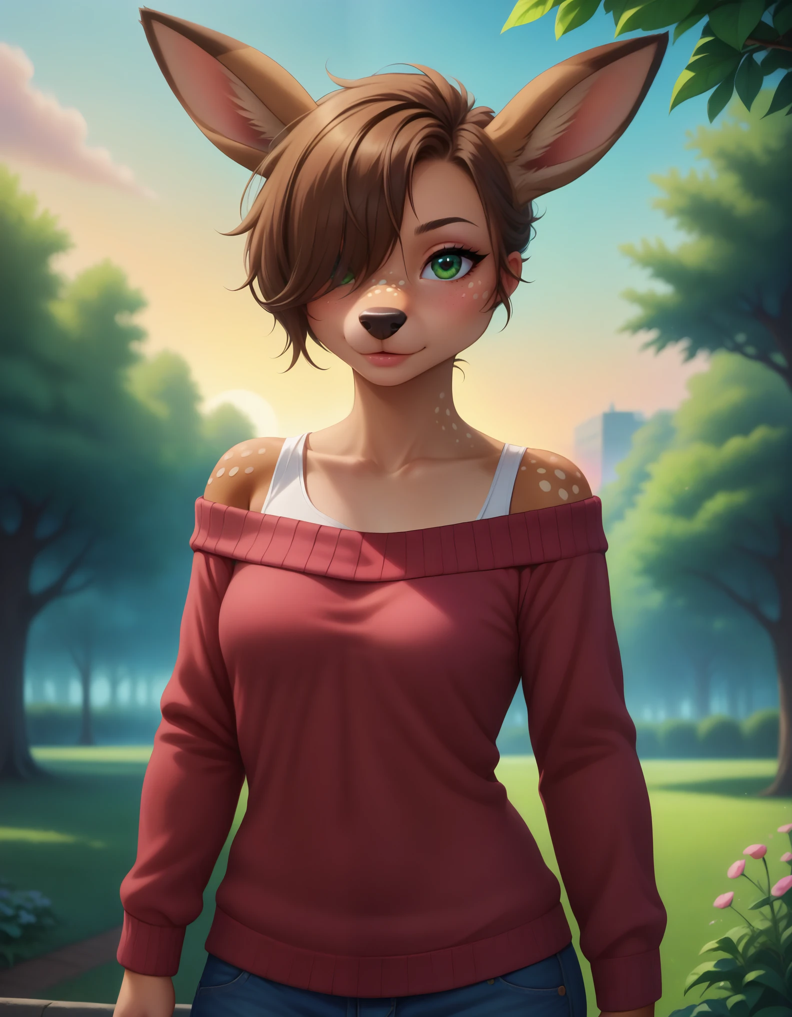 Solo, 1girl, female, adult, lotte, deer girl, furry female, body fur, animal nose, snout, animal ears, green eyes, brown hair, short hair, freckles, cute face, perfect anatomy, detailed skin, detailed eyes, perfect hands, perfect face, small breast, hair over one eye, BREAK sweater, long sleeves, off-shoulder shirt, pants, BREAK outdoors, park, colorful, sunset, looking at viewer, dutch angle, BREAK ((ultra-detailed)), ((best quality)), ((best quality)), ((beautiful eyes)), ((extremely detailed)), 4K, (8K), best quality, (beautiful), Master piece, highres, score_9, score_8_up, score_7_up, colorful, best quality, official art, highres, masterpiece, nai3, god light, detailed background, high quality background, very aesthetic, absurdres, 