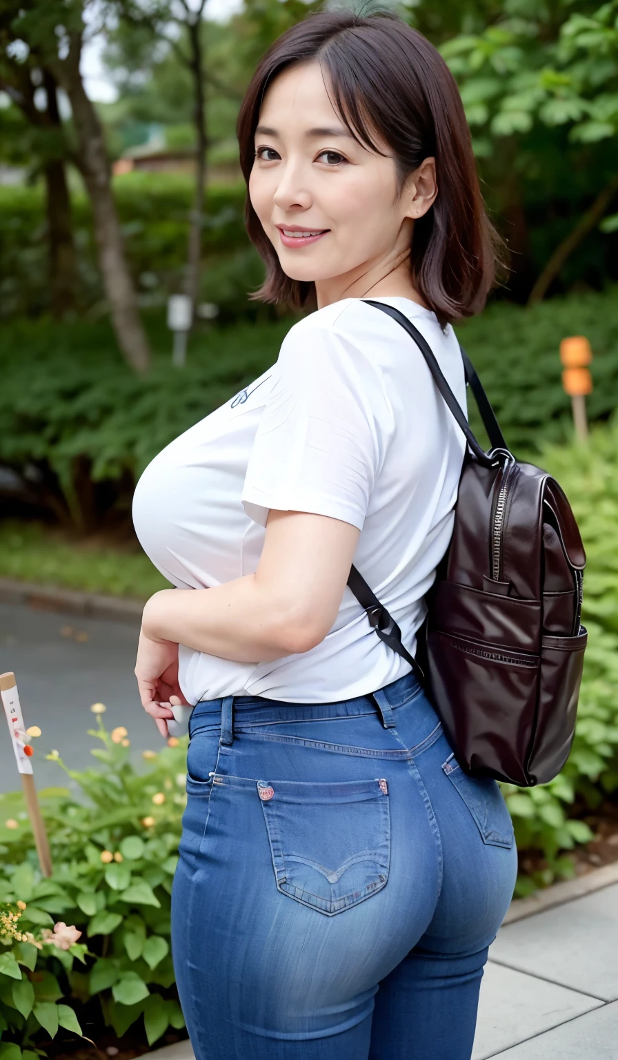 Beautiful Japanese Women、Beautiful Mature Woman、Classy sex appeal、sexy、Perfect Lighting、Beauty、Transparent beauty、8K High Resolution、Beauty in natural light、High resolution、Photorealistic、Masterpiece、smile、Gravure quality、55-year-old Mrs.、Plump body shape、Tight denim pants、Earth color t-shirt、Big Ass、Trekking along mountain trails、Carry your backpack