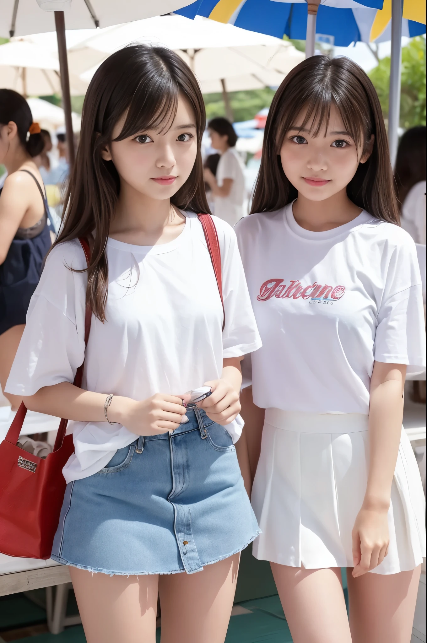 Two girls (20 years old, Japanese cute face) are wearing white Tshirts, mini skirt at the beach bar