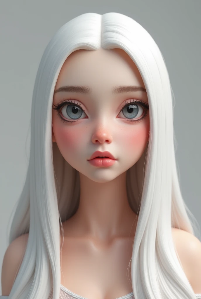 A girl with long white hair,light olive skin button nose, full pink lips, gray eyes, high cheekbones,3d render