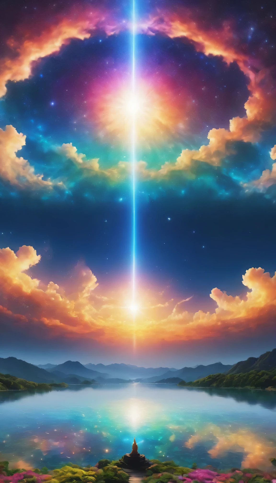 (8k, Highest quality, masterpiece, Final Fantasy Style: 1.2), (unrealistic, Realistic: 1.37), (Thousand-Armed Kannon Bodhisattva Standing by the Lake, Big swinging bust, Cover the whole body with light:1.1), Dreamy landscape, Fantasy, Unrealistic scenery, Very detailed, Floating Island, Seven-colored light swirl, (MeteorのMr..A small, shining bird dancing in the sky, Flowers, bird, Wind and Moon, Furinkazan:1.3), Aurora, Intense lightning, milky way, Complex Light, Mr..々color light, Large Lake, Starry sky reflected on the lake, Countless shining stars, Meteor, たくさんのMeteor, Aura, (A pillar of light appeared from the ground.:1,2), Complex SentencesMr..Magic Circle, Buddhist Mandala