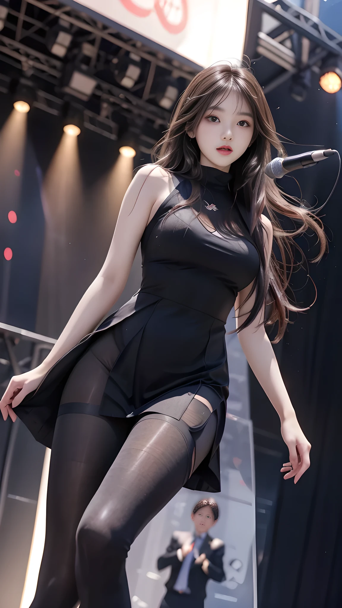 ulzzang-6500-v1.1, (RAW photo: 1.2), (Real photo), (Real photo: 1.4), 1 girl、Perfect anatomy、19 years old、Looking at the camera、Medium length hair、dress, Holding a microphone performing, ((performing on stage: 1.1))、(Hyperrealistic tights: 1.2), (Business service)、Asian eyes Ella,