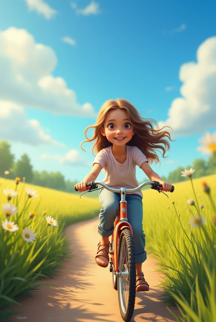 a girl riding a bicycle through a peaceful countryside, beautiful detailed eyes, beautiful detailed lips, extremely detailed eyes and face, long eyelashes, adorable expression, casual clothing, outdoor scene, lush green meadows, blue sky with fluffy white clouds, golden sunlight, intricate details, photorealistic, 8k, highly detailed, vivid colors, natural lighting, studio lighting, cinematic, masterpiece, digital painting
