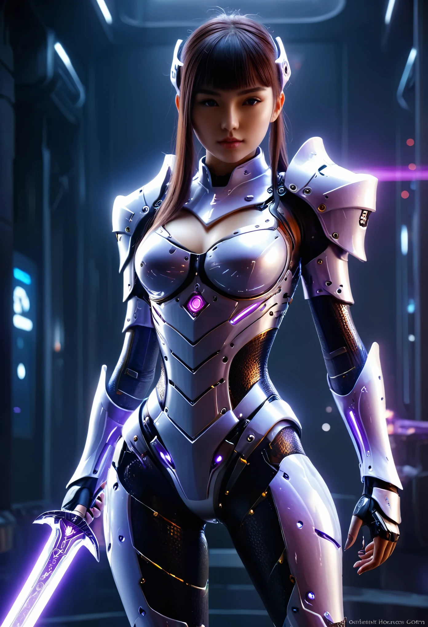 (Best Quality, 4K, 8K, High Resolution, Masterpiece: 1.2), (Super Detailed, Realistic, Photorealistic:1.37), A woman in futuristic clothing holding a futuristic sword, Trending on cgstation, Trending on cgstation, (Portrait of a girl in the Knights of the Zodiac:1.4), blunt bangs, Cute Cyborg Girl, Perfect android girl, Portrait Astronaut Girl, Beautiful girl cyborg, Girl wearing purple white mechanical cyber armor, Game CG, cgsociety and fenghua zhong, Beautiful Cyborg Shrine Maiden, Bioluminescence, Gal 