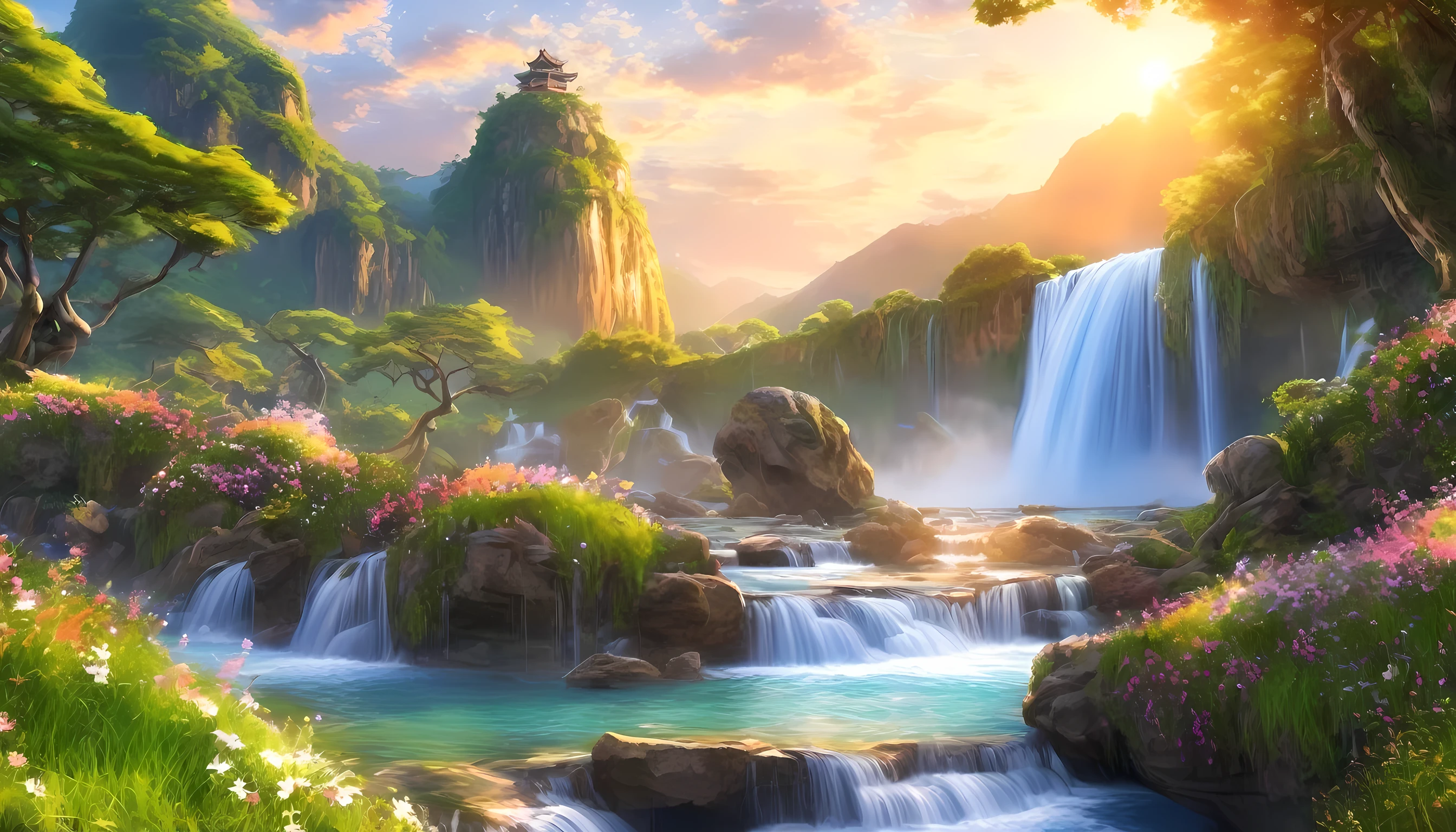 backgroundchinese style, background Immortal Immortal Sect Mountain, Eternal Light, Slightly elevated view, ((background:1.8))
(best quality,masterpiece, complicated,Very detailed,Practical,RAW photos,8k Ultra HD,Ultra-high resolution,photoPractical style,Movie Scenes, Clear focus,la lueur de,Very detailed CG Unity wallpaper) ,seam,Tower and waterfall,sunrise,